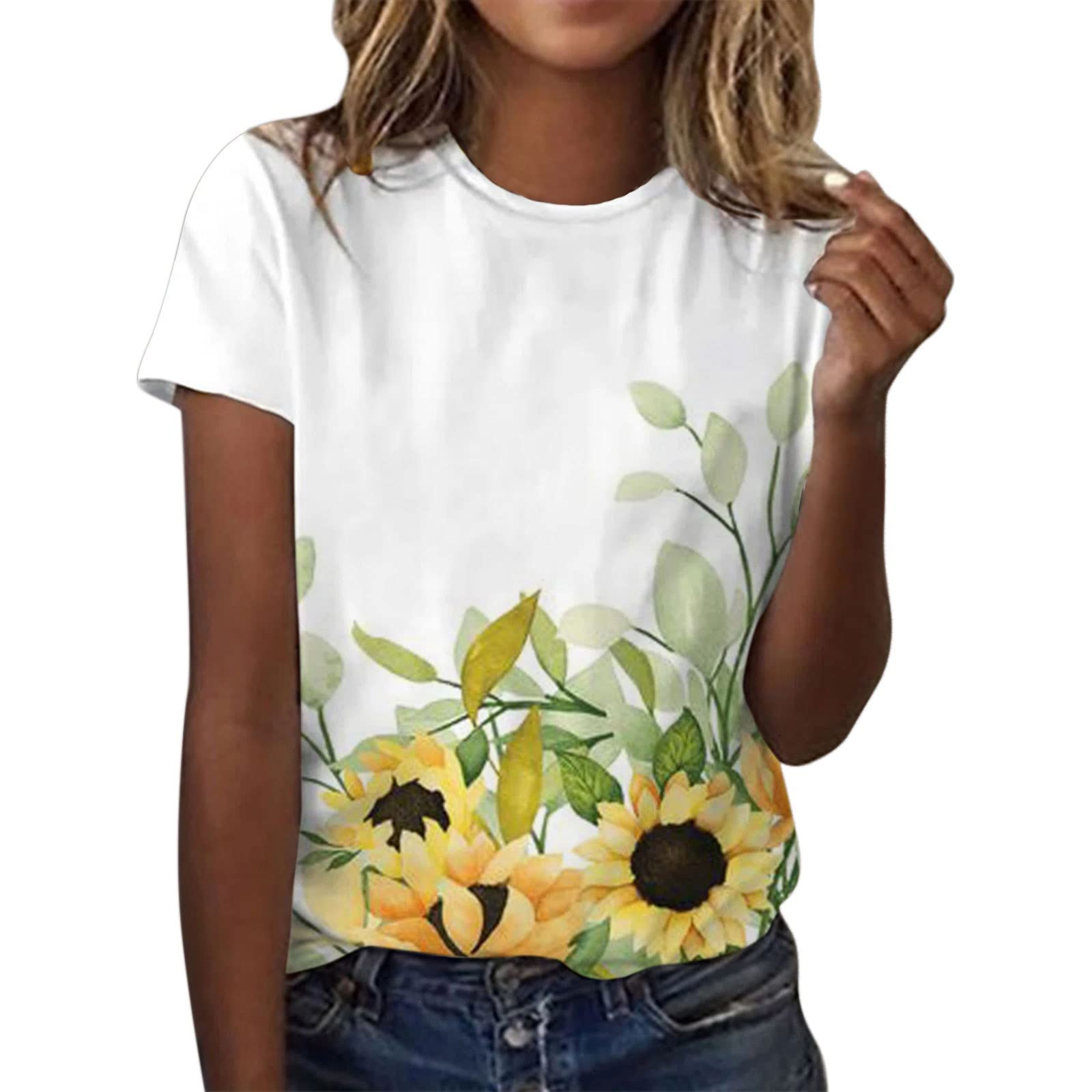 Women's Floral Printed Short Sleeve Crew Neck T-Shirt - Summer Casual Poly Spandex Blouse for Women | Perfect for Beach Outings, Picnics & Everyday Wear