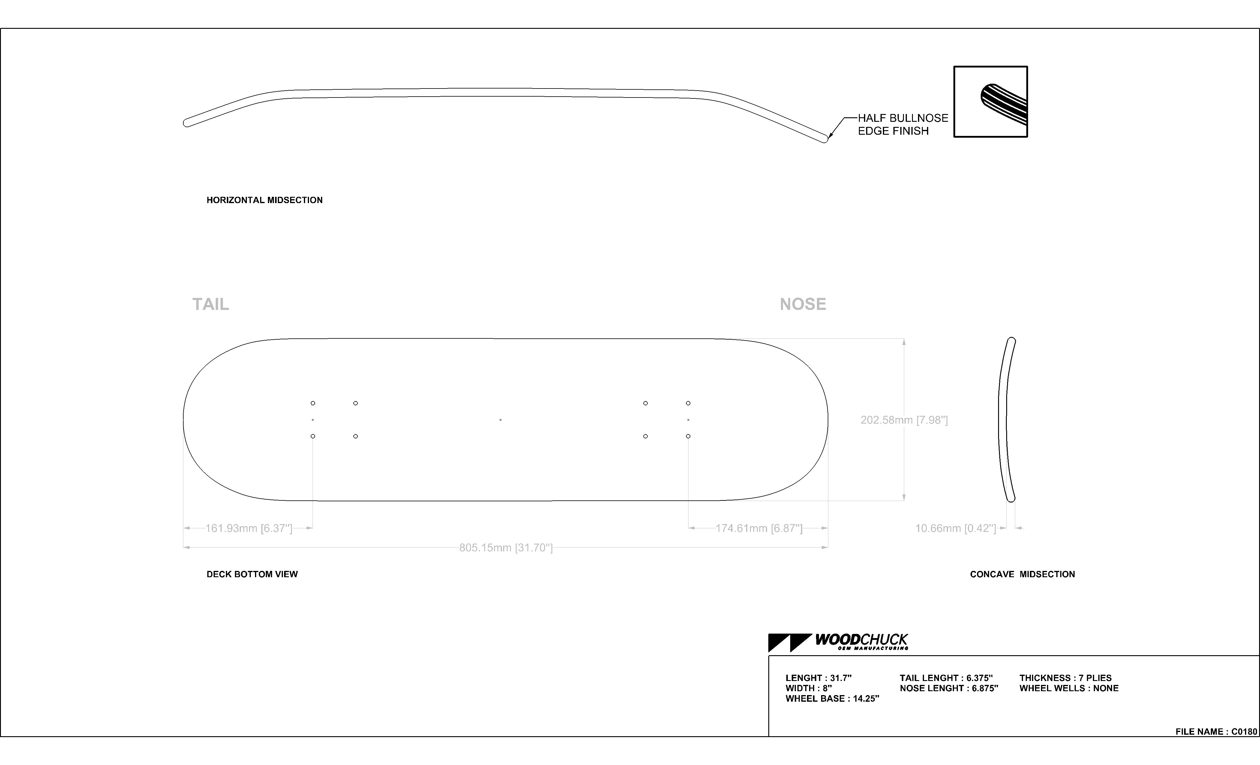 Premium Hardrock Skateboard Deck Blank - 2 Stains, 8 Shape Options (Model: C0180) - Perfect for DIY Custom Skateboards & Street Skating
