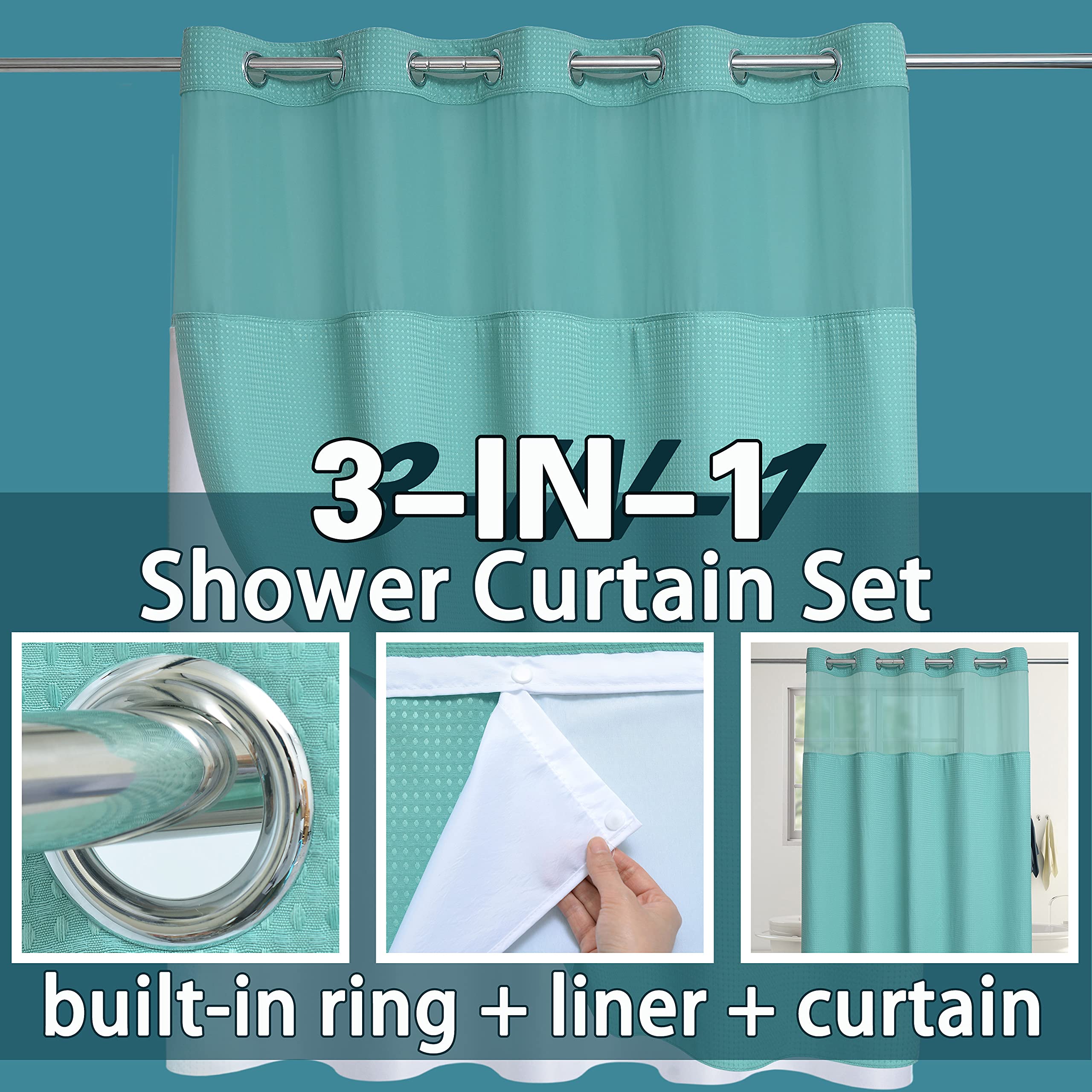 Premium Waffle Weave Hotel Style Shower Curtain with Snap-in Liner - Waterproof, Machine Washable Bathroom Shower Curtain (71