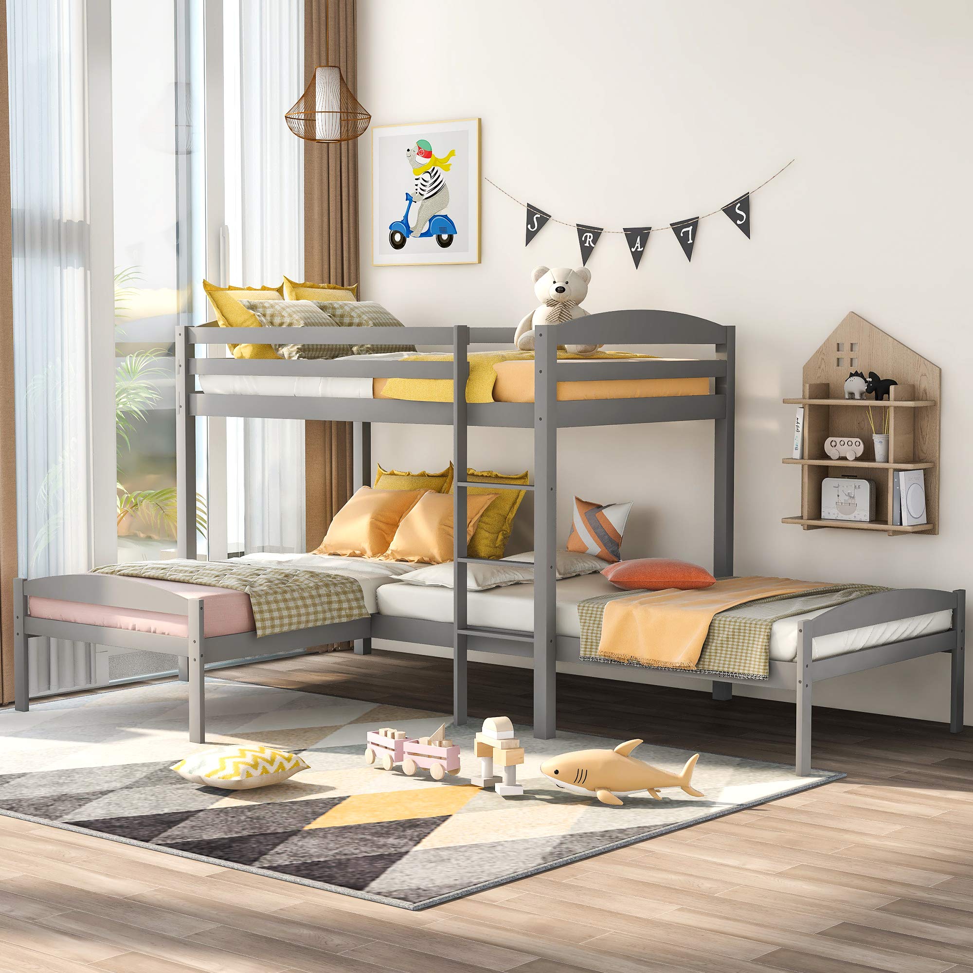 Triple Bunk Bed for 3 - Twin Over Twin L-Shaped Wooden Bunk Bed Frame for Kids, Teens & Adults in Gray | Space-Saving Solution for Small Bedrooms, Dorms & Vacation Homes