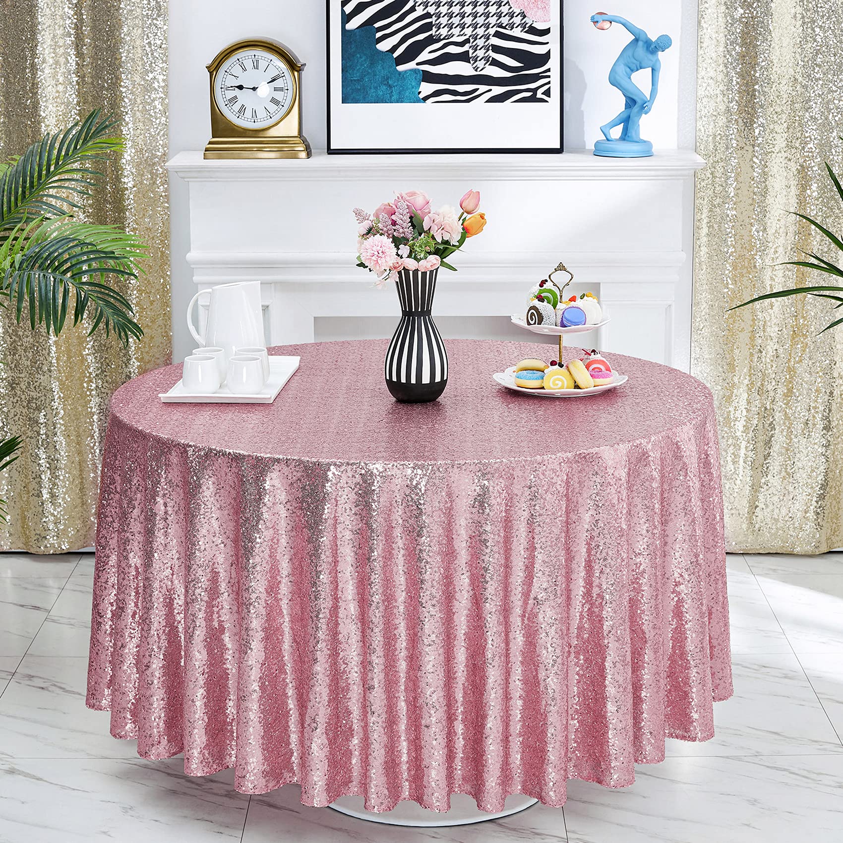 120 Inch Round Sequin Tablecloth - Rose Pink Glitter Table Cover for Wedding, Bridal Shower, Birthday Party, Banquet & Dessert Table Decor | Elegant Event Decorations for Special Occasions