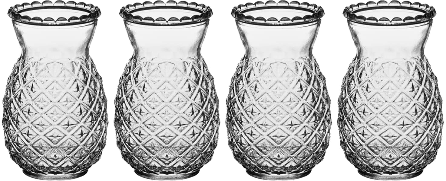 4 Pack Pineapple Tiki Glasses - 20 Oz Clear Cocktail Cups with Straws for Tropical Drinks, Party Decor & Summer Barware | Perfect for Pool Parties, Luau Events & Beach Themed Celebrations