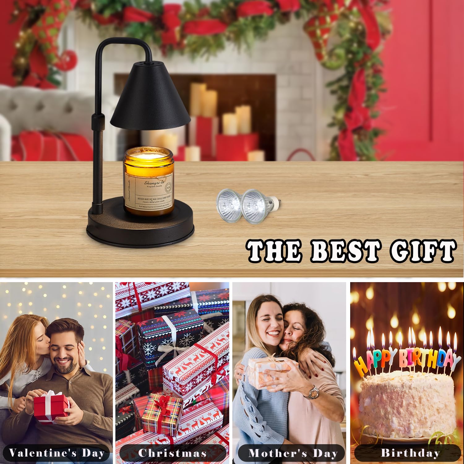 Dimmable Electric Candle Warmer Lamp with Timer & Adjustable Height - 2 Bulbs Included - Large Jar Candle Wax Warmer - Perfect for Home Decor, Romantic Ambiance & Gifts for Mom (Black)