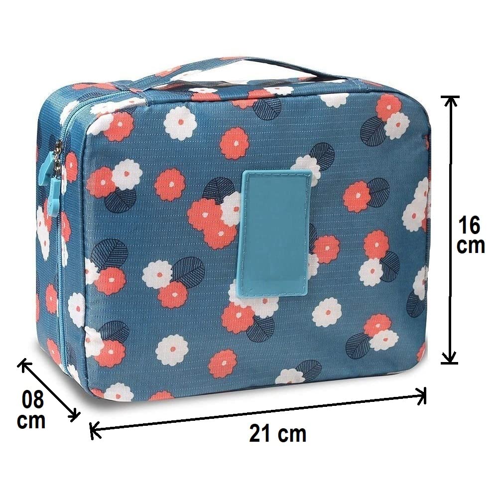 Multipurpose Travel Cosmetic Makeup Pouch for Women | Waterproof Toiletry Bag with Multiple Pockets | Compact Wash Bag & Storage Organizer for Makeup Brushes, Jewelry & Innerwear | Perfect for Vacation, Gym & Daily Use - Blue Floral Design