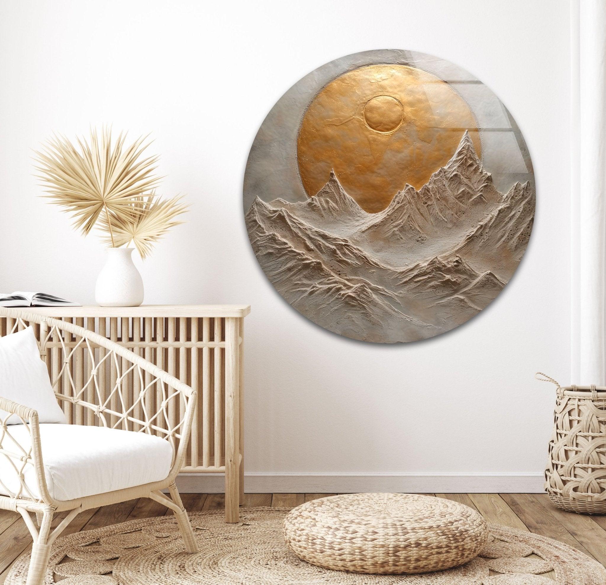 Abstract Mountain Golden Glass Wall Art - Modern Home Decor for Living Room, Bedroom & Office - Elegant Handmade Glass Painting for Gifts & Interior Design