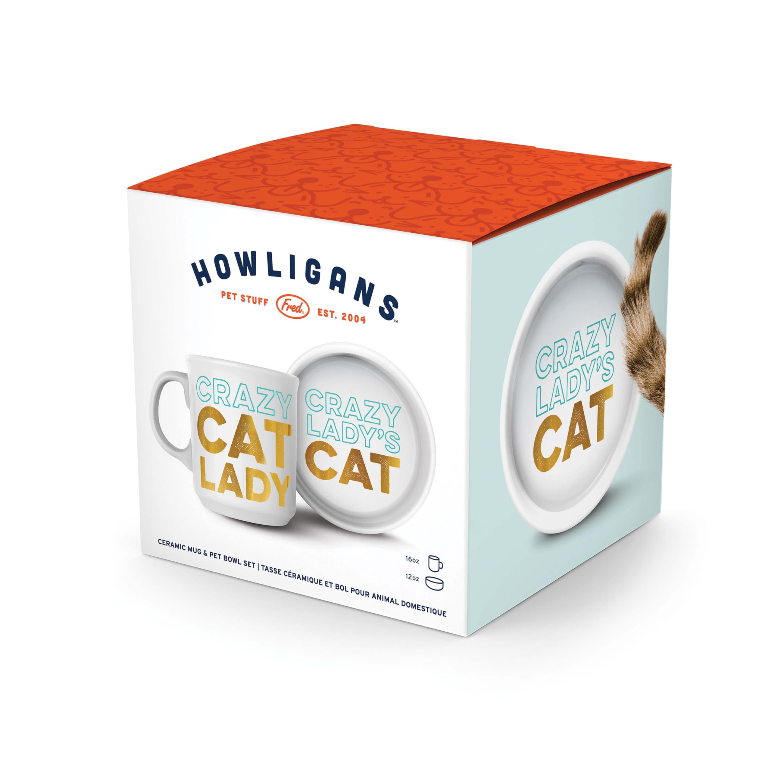 Genuine Fred Howligans Crazy Cat Lady Mug & Cat Bowl Set - Funny White Ceramic Coffee Cup & Pet Dish for Cat Lovers - Perfect Gift for Crazy Cat Ladies & Tea/Coffee Lovers