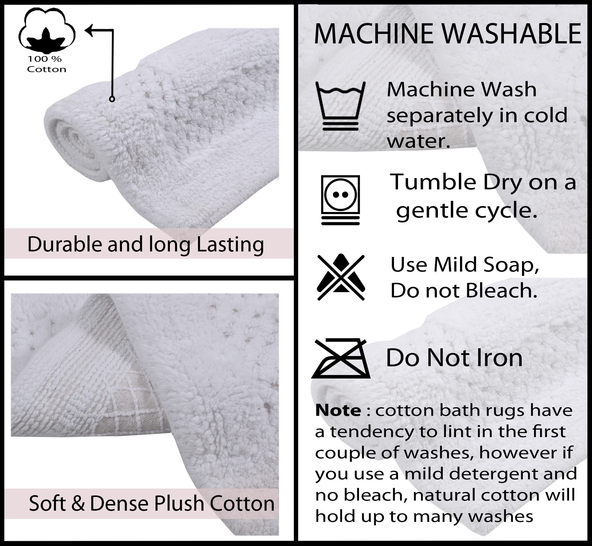 Premium 100% Cotton Bathroom Rugs Set - Ultra Soft Absorbent Bath Mat, Non-Slip Washable Floor Mat for Bathroom & Kitchen - 3 Piece Set with Runner (White) - Perfect for Cozy Bathrooms, Spa Days & Wet Areas