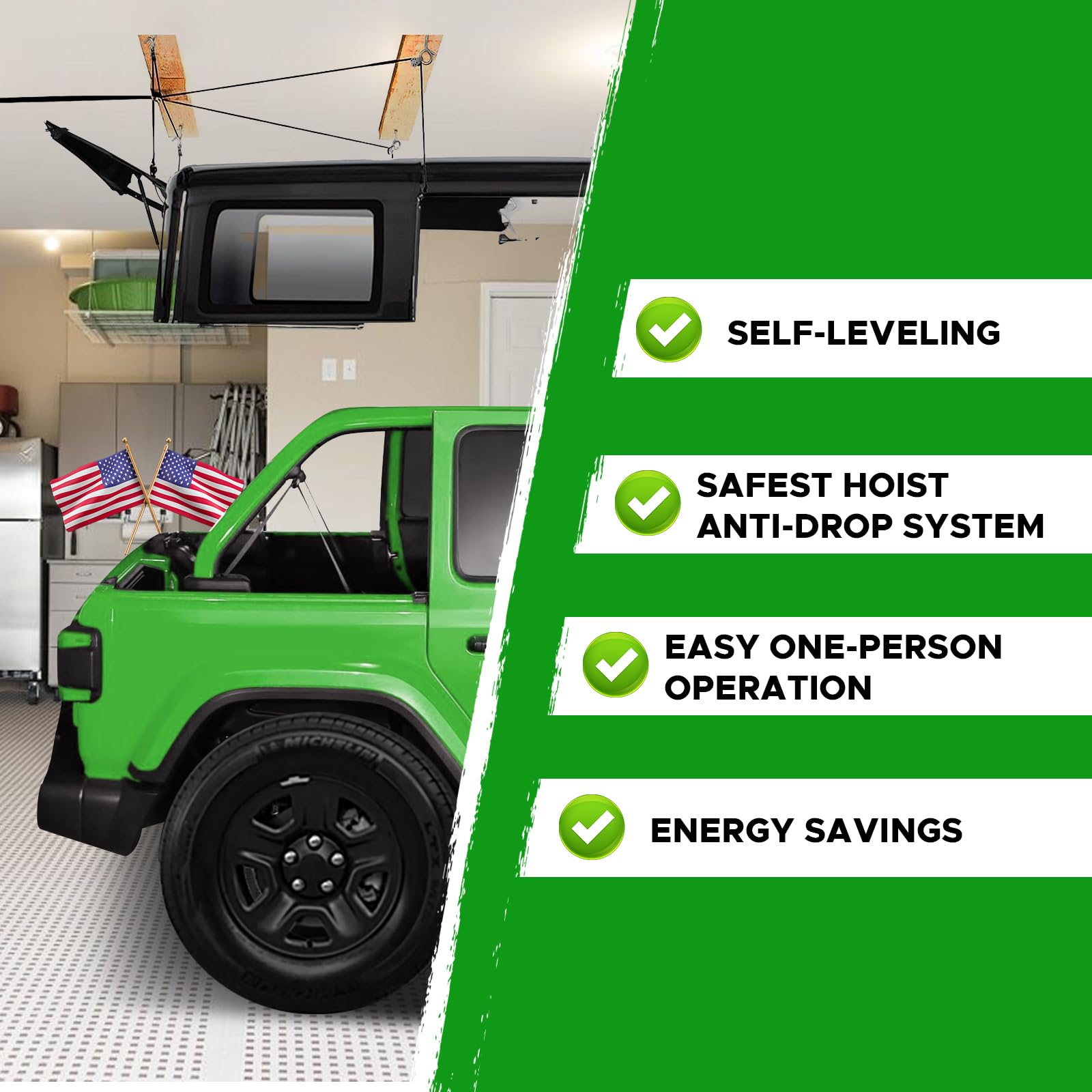 Jeep Hard Top Removal Lift for Ford Bronco & Jeep Wrangler JK JL Models - One-Person Hardtop Hoist with Anti-Drop Safety System - Fits 8-16 ft Ceilings - Includes 6 T Knobs - Perfect for Garage Storage & Off-Road Vehicle Maintenance