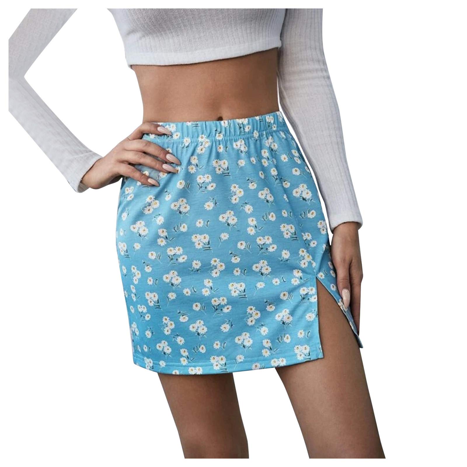 Kinrui Women's Sexy Elastic Waist Print Mini Skirt - High Stretch Short Skirt with Side Slit for Summer, Party, Club, and Casual Wear
