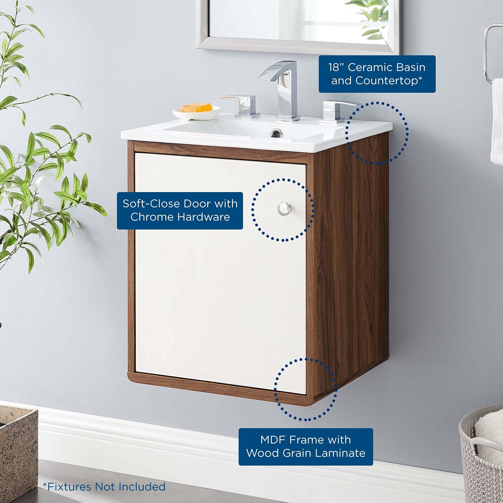 Modern Wall Mounted Sink Vanity Cabinet - Brown Walnut & White Wood Bathroom Storage - Space Saving Design for Small Bathrooms, Hotel Suites & Contemporary Homes