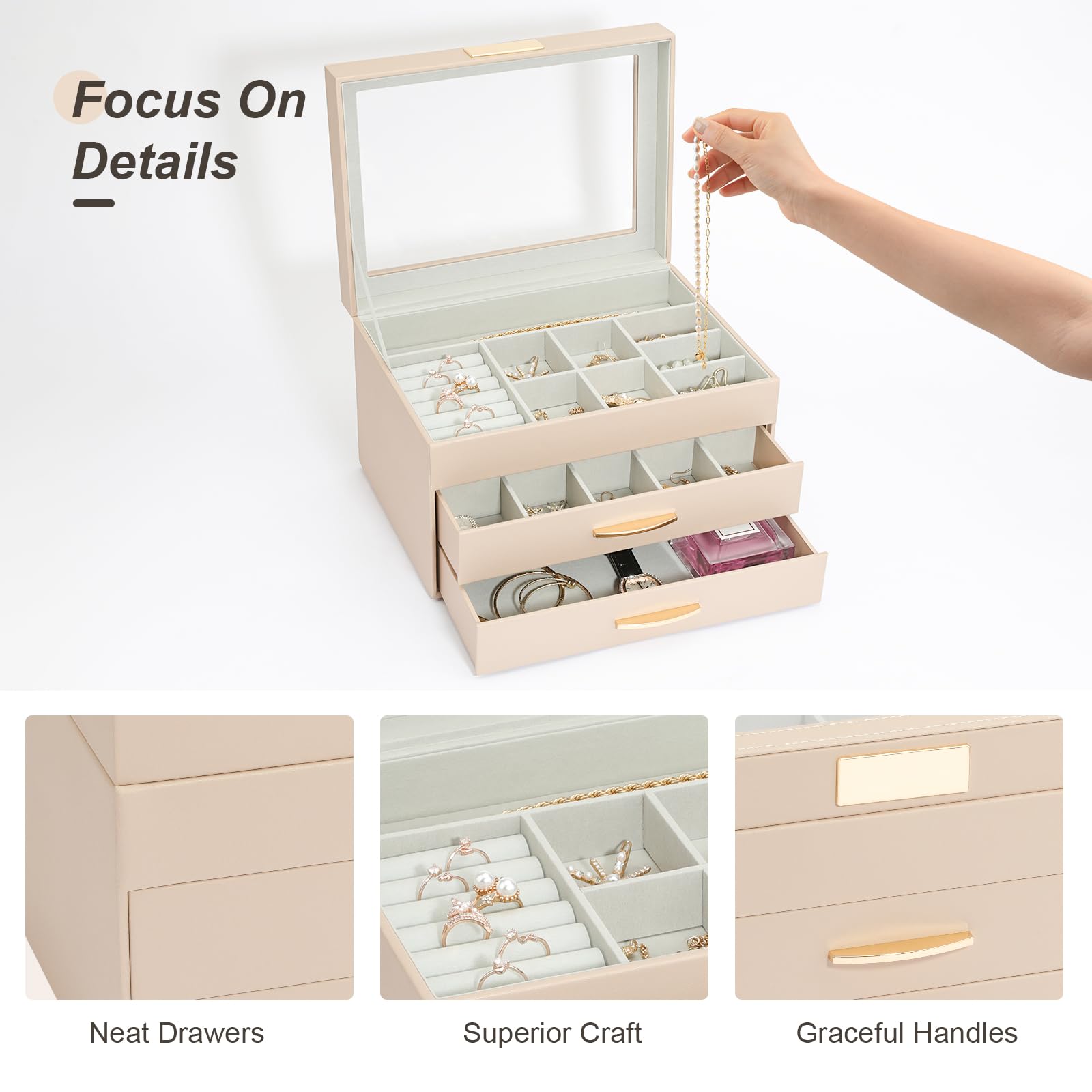 3-Tier Leather Jewelry Organizer Box with 2 Drawers - Large Capacity Jewelry Storage for Women & Girls (Apricot) | Perfect for Bedroom Vanity, Travel & Gift Giving