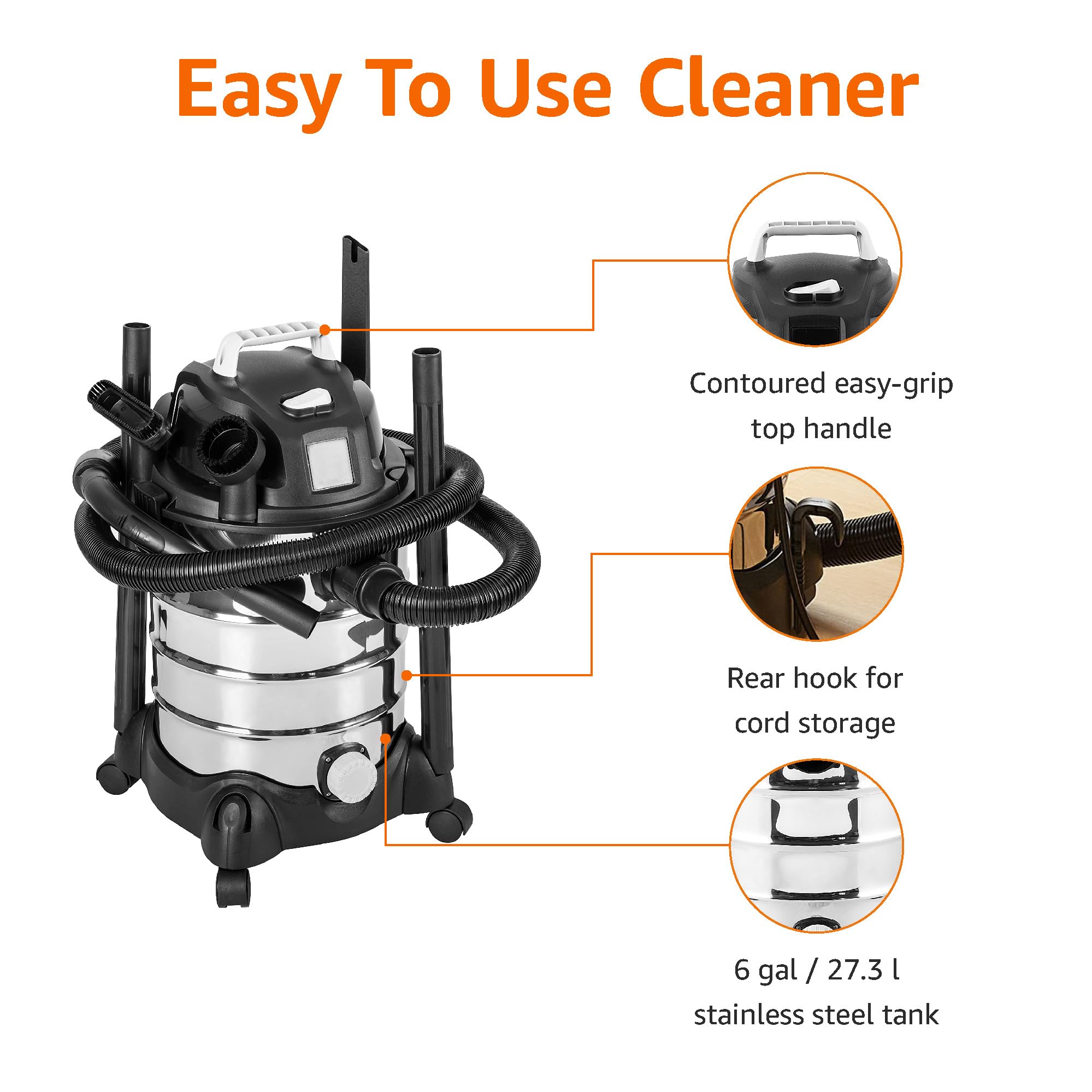 Amazon Basics 6 Gallon Wet Dry Vacuum Cleaner, 3.5 HP Stainless Steel Shop Vac - Grey/Black - Ideal for Garage, Workshop, and Home Cleaning