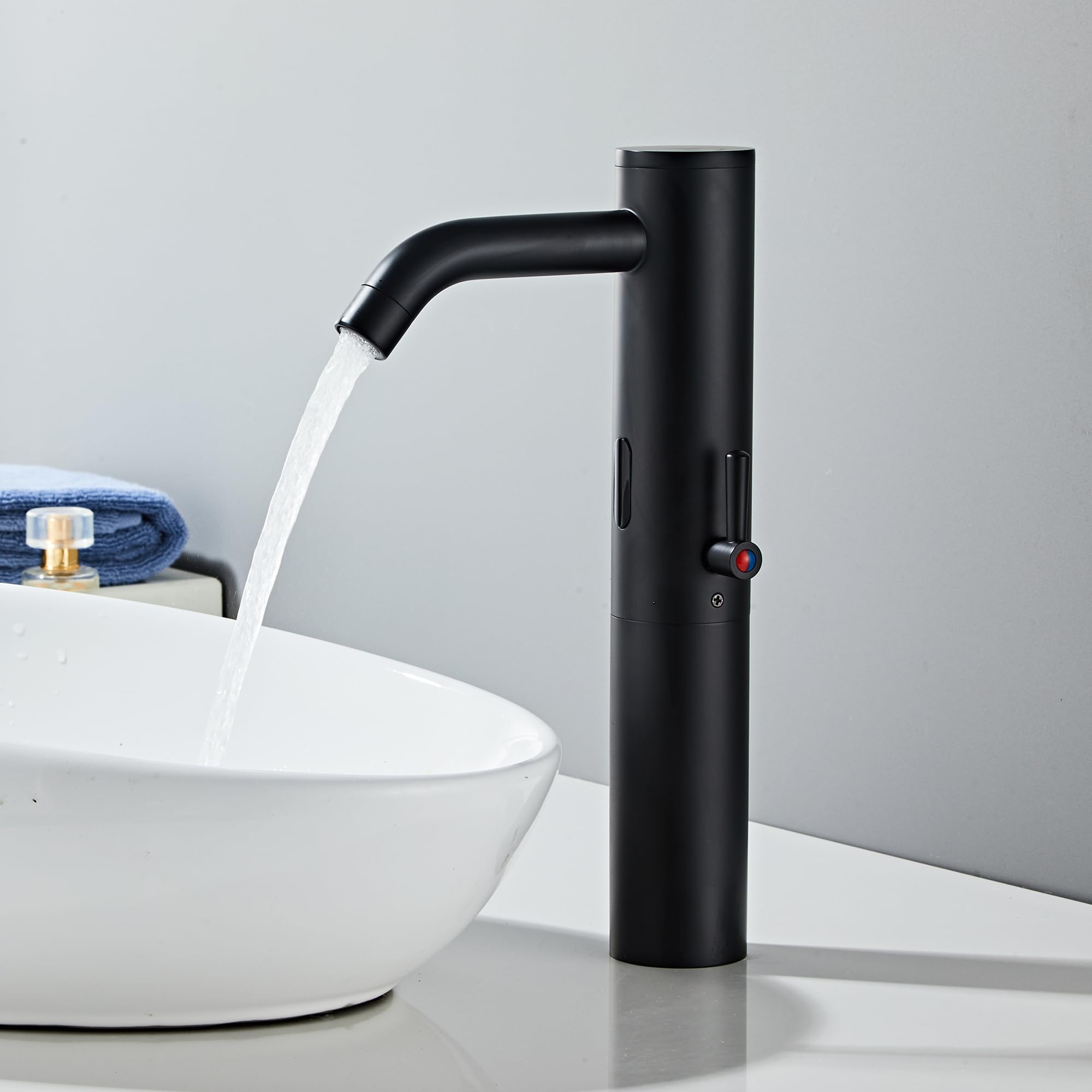 Matt Black Touchless Bathroom Vanity Faucet - Tall Automatic Motion Sensor Faucet with Temperature Control Rod | Hands-Free Sink Mixer for Modern Bathrooms, Kitchens & Public Restrooms