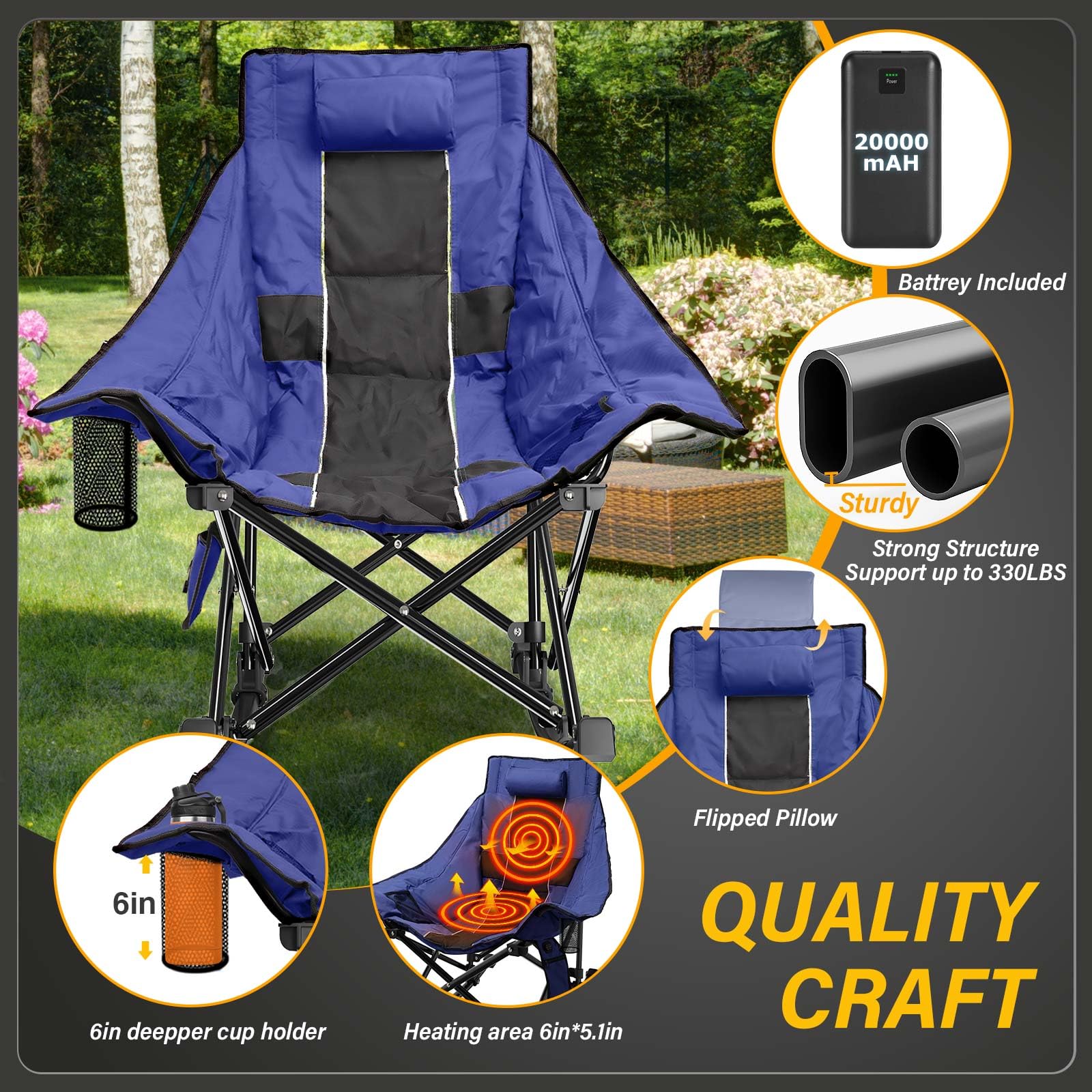 XL Heated Camping Chair with 3-Level Adjustable Heating for Back & Seat - Oversized Portable Outdoor Folding Rocking Chair for Camping, Backyard, Fishing & Winter Sports - Heavy Duty Lawn Chair with Heating