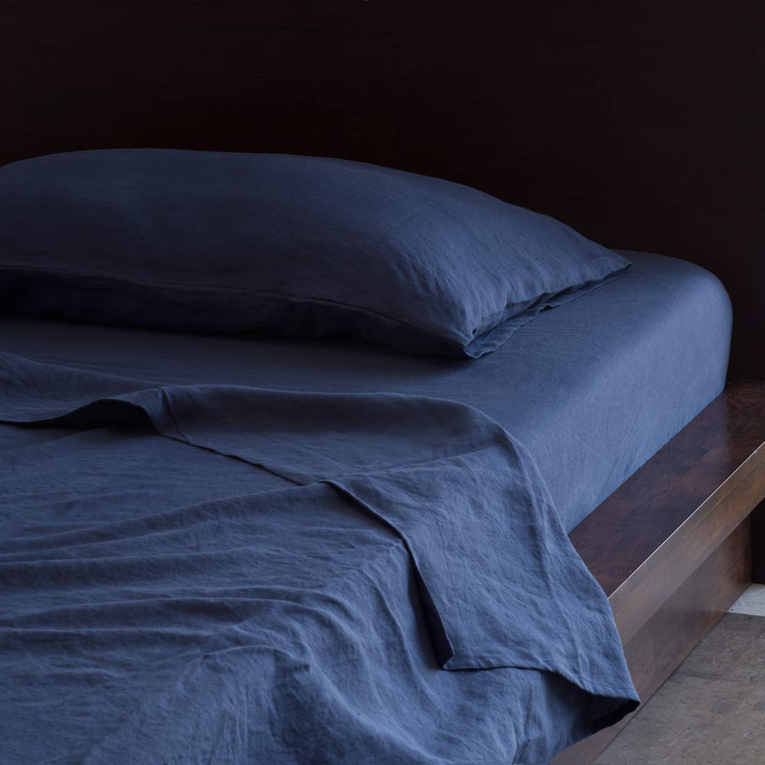 Premium Navy Blue Linen Fitted Sheet - 100% French Flax, Breathable & Durable - Full Size (54