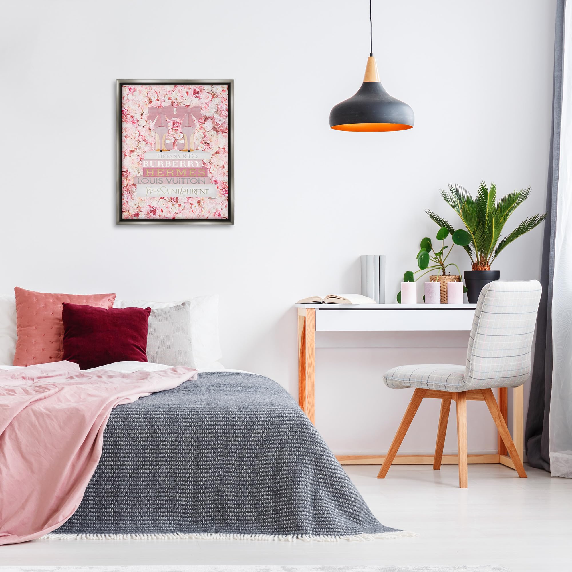 Stupell Industries Pink Fashion Heals Wall Art with Glam Books & Rose Details - Floater Frame Design by Amanda Greenwood - Perfect for Bedroom, Living Room & Office Decor