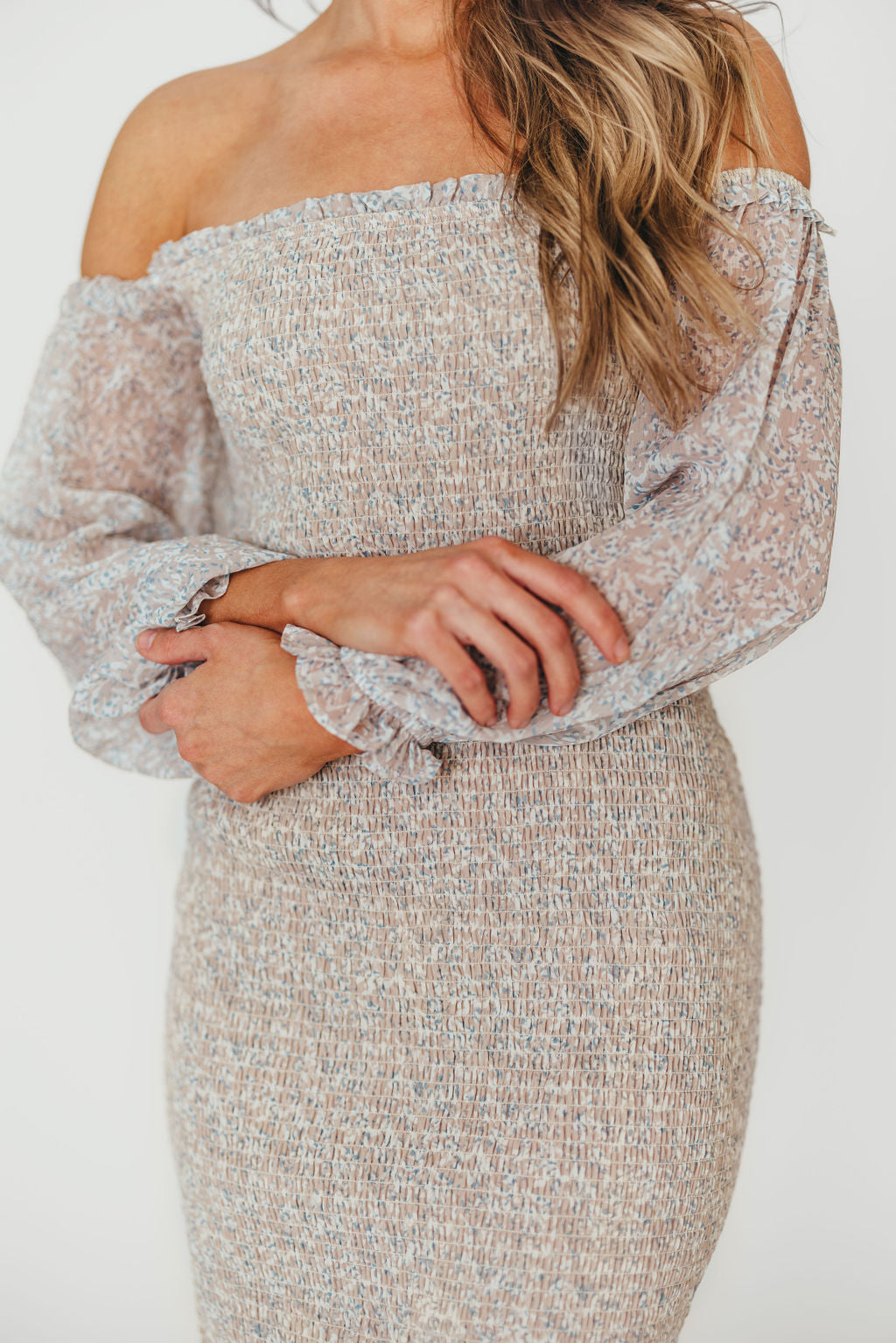 Stylish Cameron Stretchy Midi Dress with Ruffles - Beige & Blue Floral Print | Perfect for Casual Outings, Date Nights & Summer Vacations