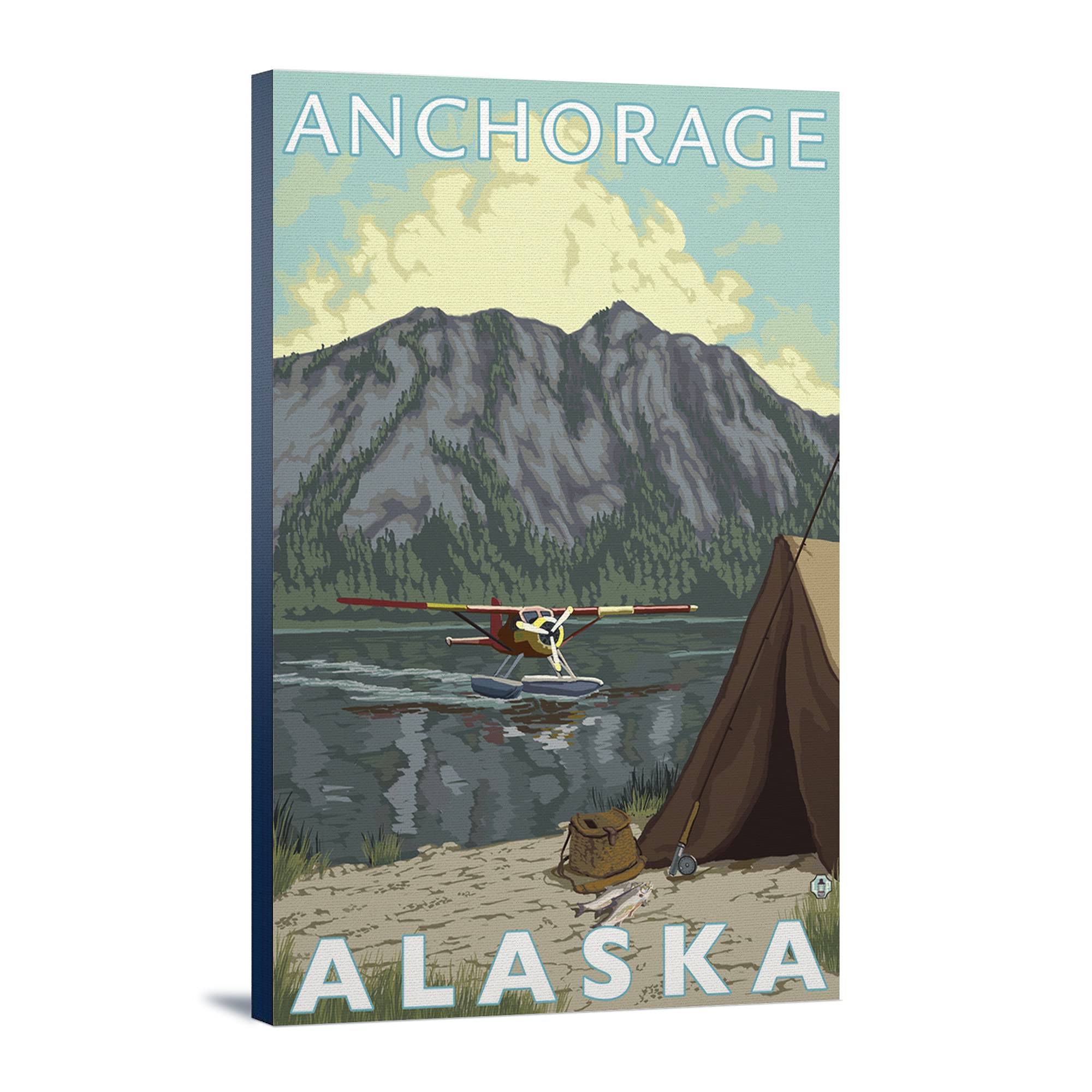 Alaska Bush Plane and Fishing Wall Art - 24x36 Gallery Wrapped Canvas Print for Home & Office Decor | Anchorage Landscape Painting, Wilderness Adventure Scene