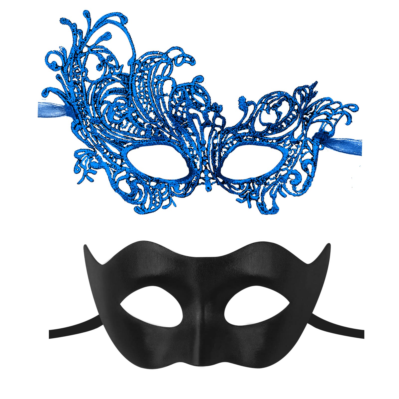 Venetian Lace Masquerade Mask Set for Couples - Halloween & Mardi Gras Costume Accessories