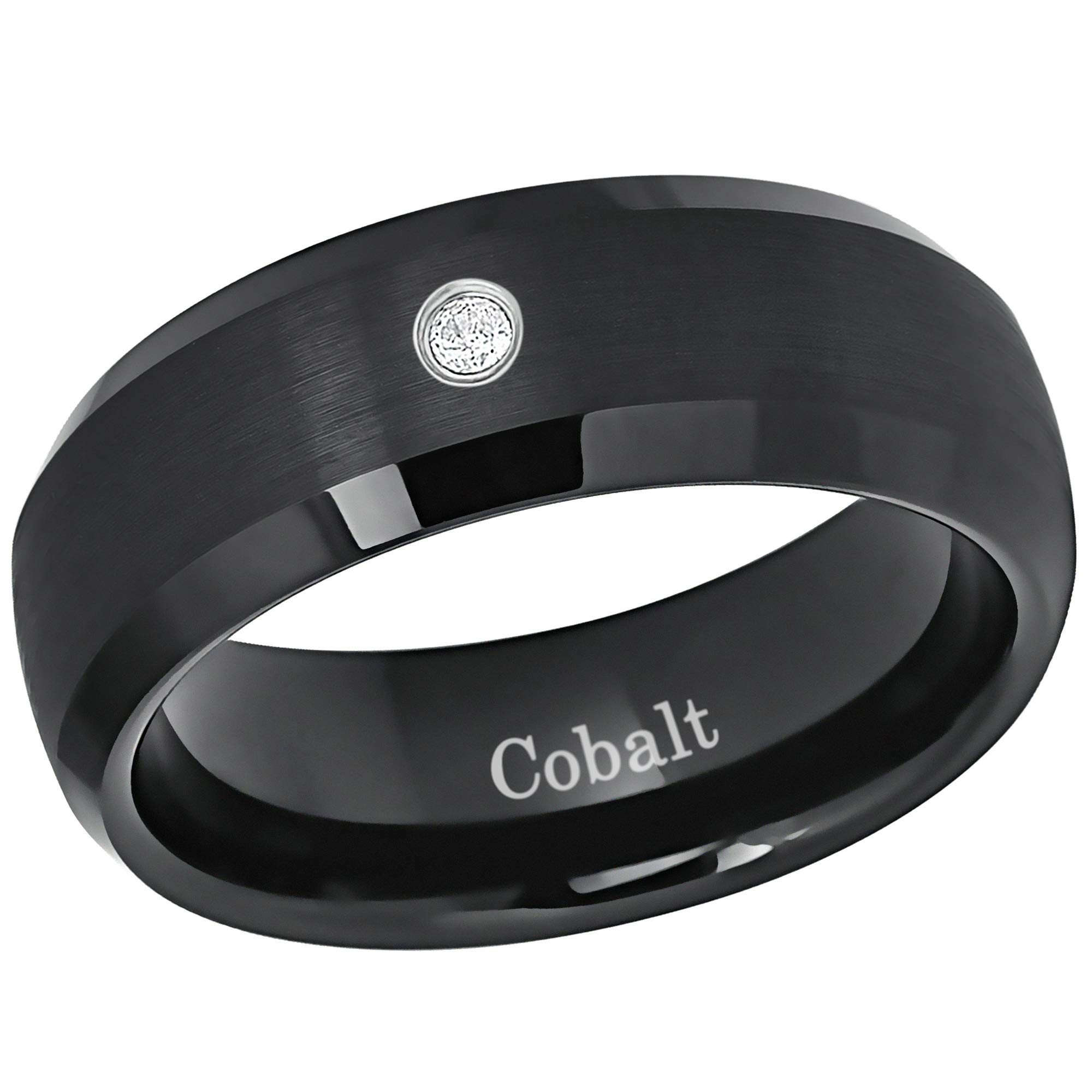 0.05ctw Diamond Black Cobalt Chrome Men's Wedding Band - 8mm Beveled Edge Comfort Fit Ring for Anniversary, Engagement & Everyday Wear