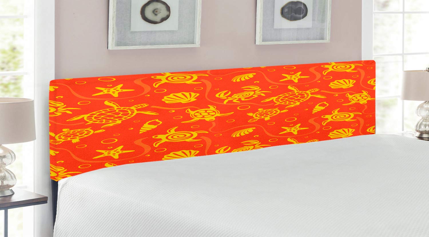 Ambesonne King Size Upholstered Metal Headboard with Memory Foam - Tropical Swimming Turtles, Crabs, Seashells & Starfish Design in Burnt Orange & Yellow | Perfect for Beach-Themed Bedrooms, Coastal Decor & Vacation Home Style