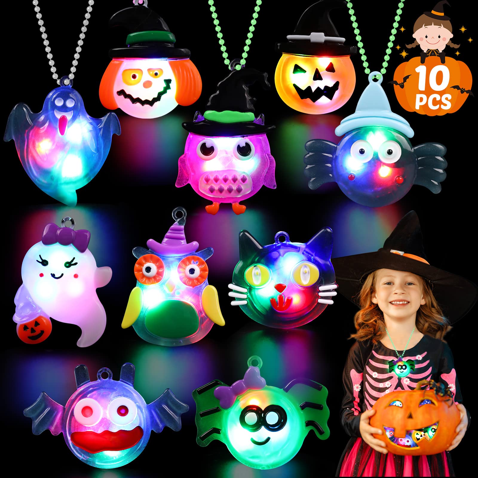 10-Pack LED Light Up Halloween Necklaces - Glow in the Dark Party Favors for Kids, Non-Candy Treats for Boys & Girls - Perfect for Trick-or-Treating, Classroom Rewards & Halloween Goody Bags