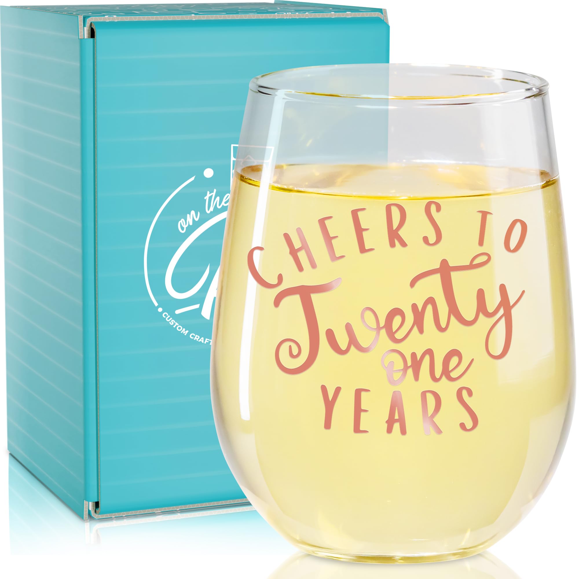 21st Birthday Stemless Wine Glass - Cheers to 21 Years Rose Gold Printed 17oz Wine Cup - Perfect Gift for Women, Friends, Sisters Turning 21 - Great for Birthday Parties, Celebrations & Girls Night Out