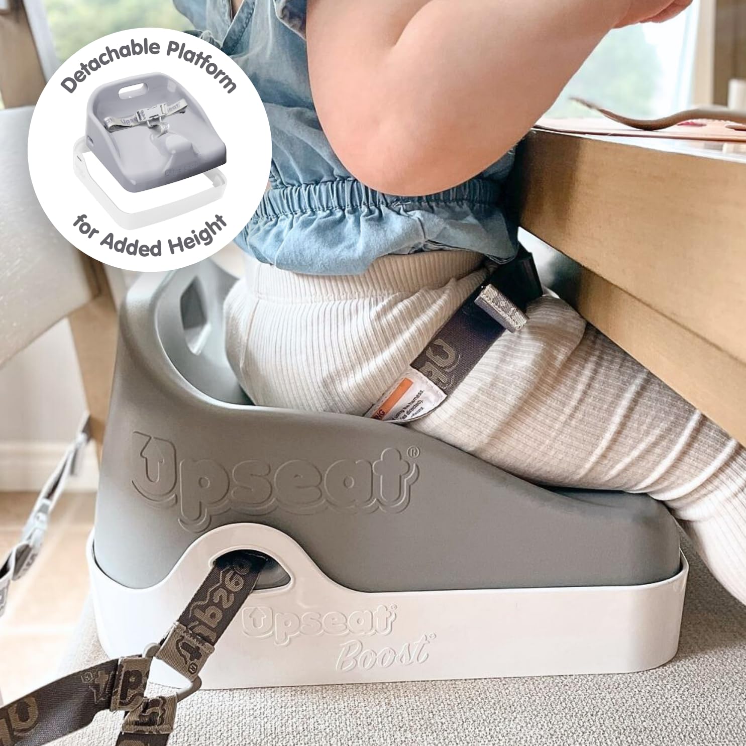 Upseat Boost Ergonomic Toddler Booster Seat - Pediatric Therapist Approved for Proper Posture | 3-Point Safety Harness | Easy-Clean & Lightweight Gray | Perfect for Dining Tables, Restaurants & Family Meals