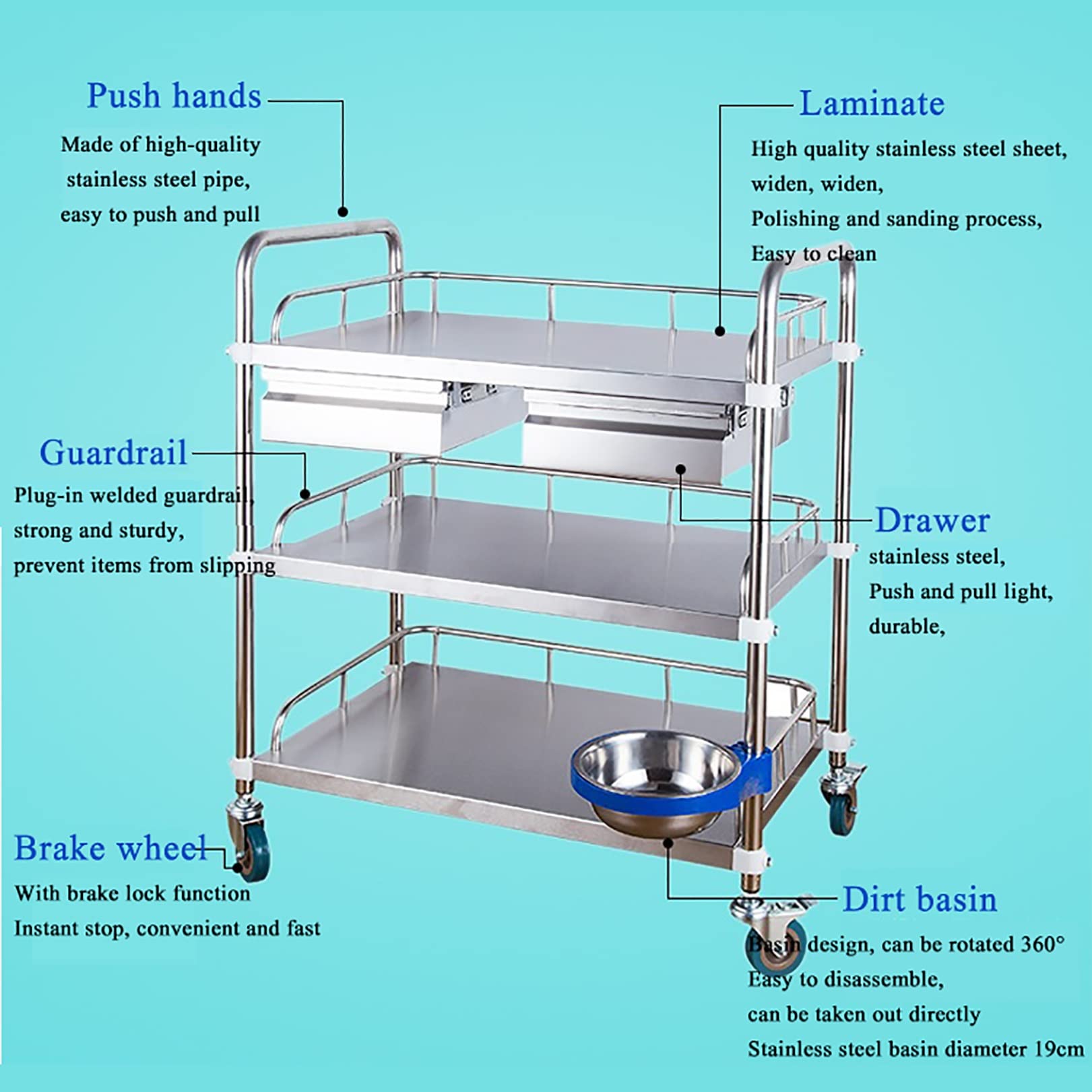 3-Tier Stainless Steel Utility Cart for Lab, Clinic & Catering - Heavy Duty Dental Serving Trolley with Lockable Silent Wheels | Perfect for Medical Equipment Transport, Food Service & Mobile Workstations