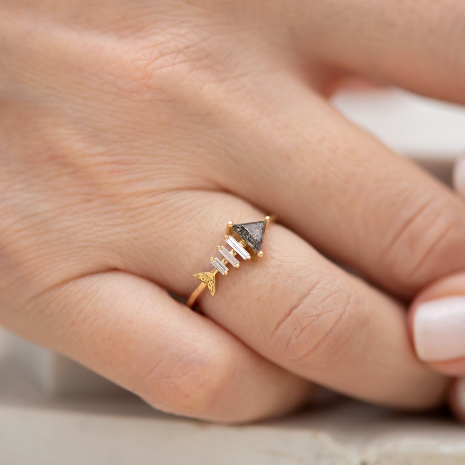 Exquisite 14K Gold Fish Bone Ring with Triangle & Baguette Cut Diamonds | Elegant Stackable Jewelry for Women | Perfect for Anniversary Gifts, Date Nights & Special Occasions