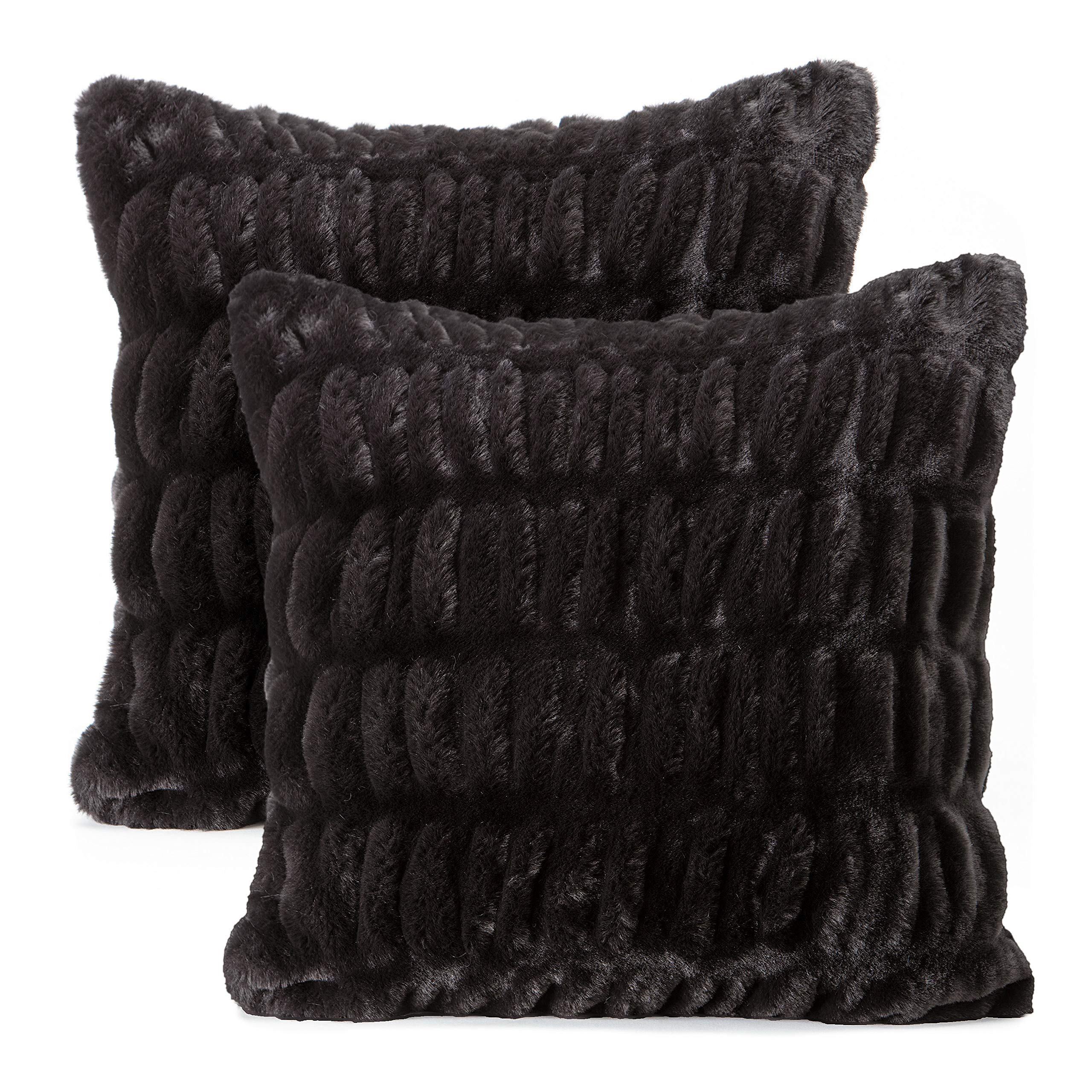Chanasya Premium Ruched Faux Fur Throw Pillow Covers - Soft Plush Decorative Pillow Covers for Sofa, Bed, Couch - 18x18 Inch Set of 2 - Black - Perfect for Living Room, Bedroom & Home Decor
