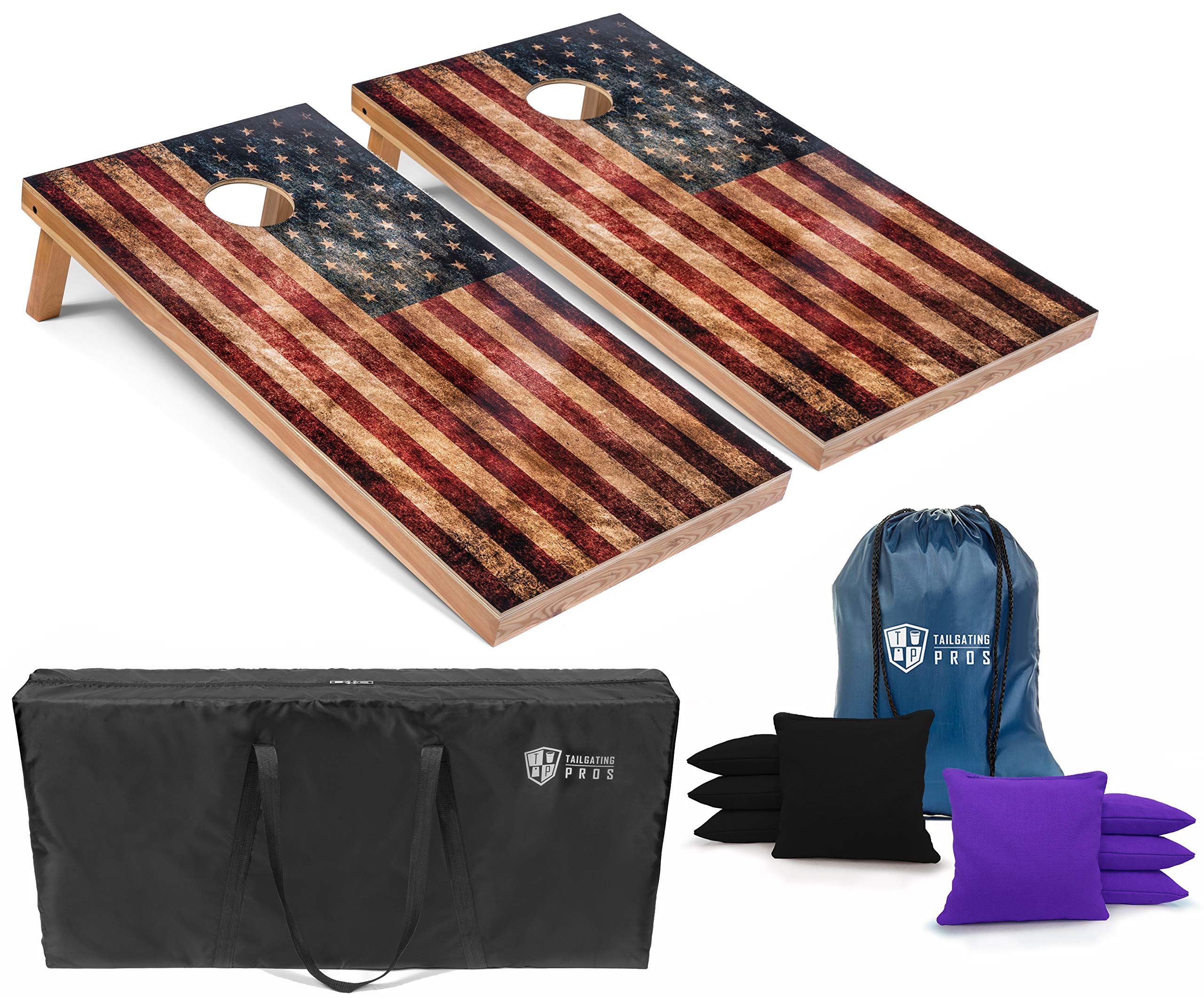 Premium Rustic American Flag Cornhole Boards Set - 4'x2' Distressed Wooden Cornhole Game with 8 Bean Bags & Carrying Case - Perfect for Tailgating, Backyard Parties, BBQs and Outdoor Events