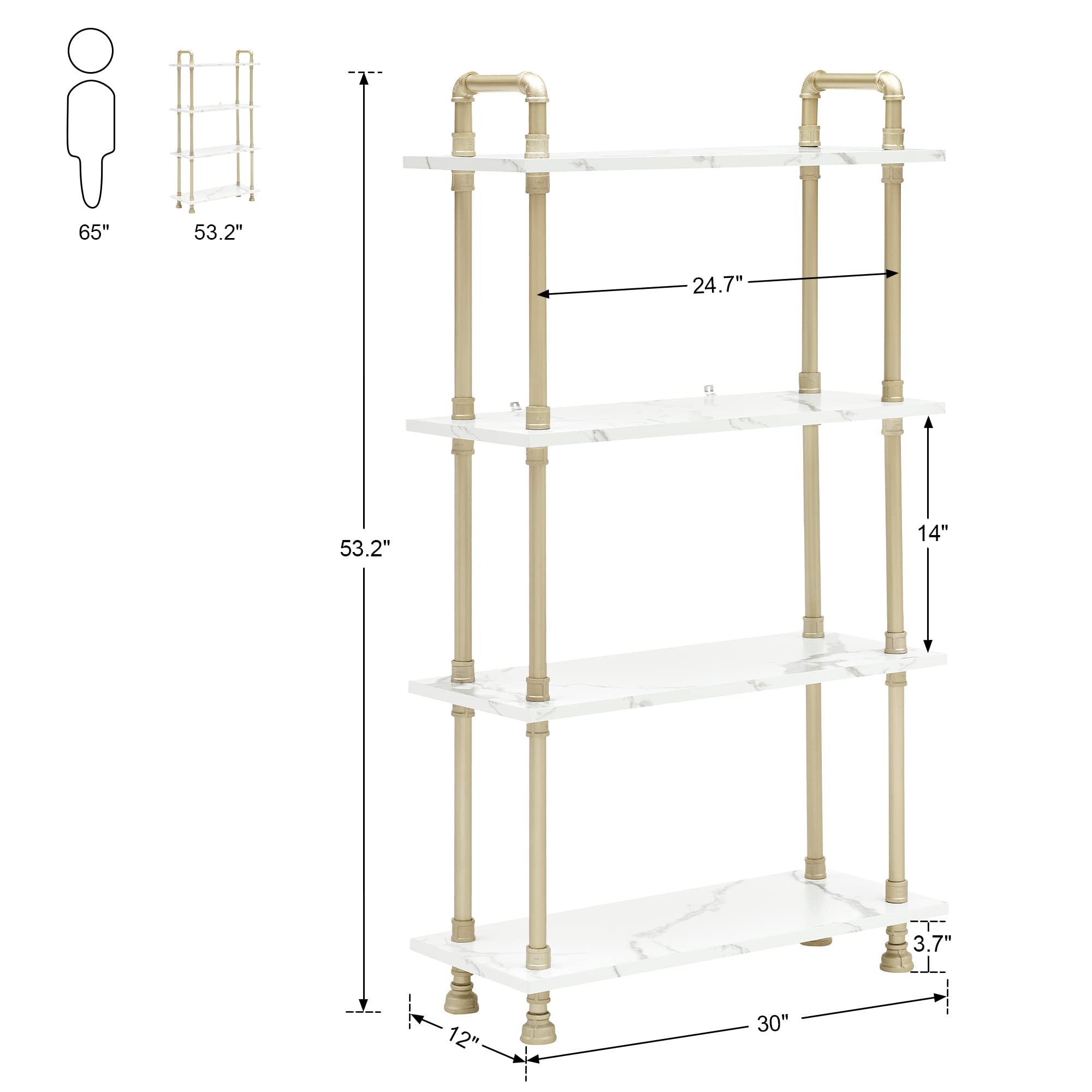 Ivinta 4-Tier Bookshelf - Modern Narrow Wood & Metal Bookcase for Living Room, Home Office, Plant Stand - White Marble Gold Storage Shelf | Space-Saving Home Decor, Books & Display Organizer BS404WGD