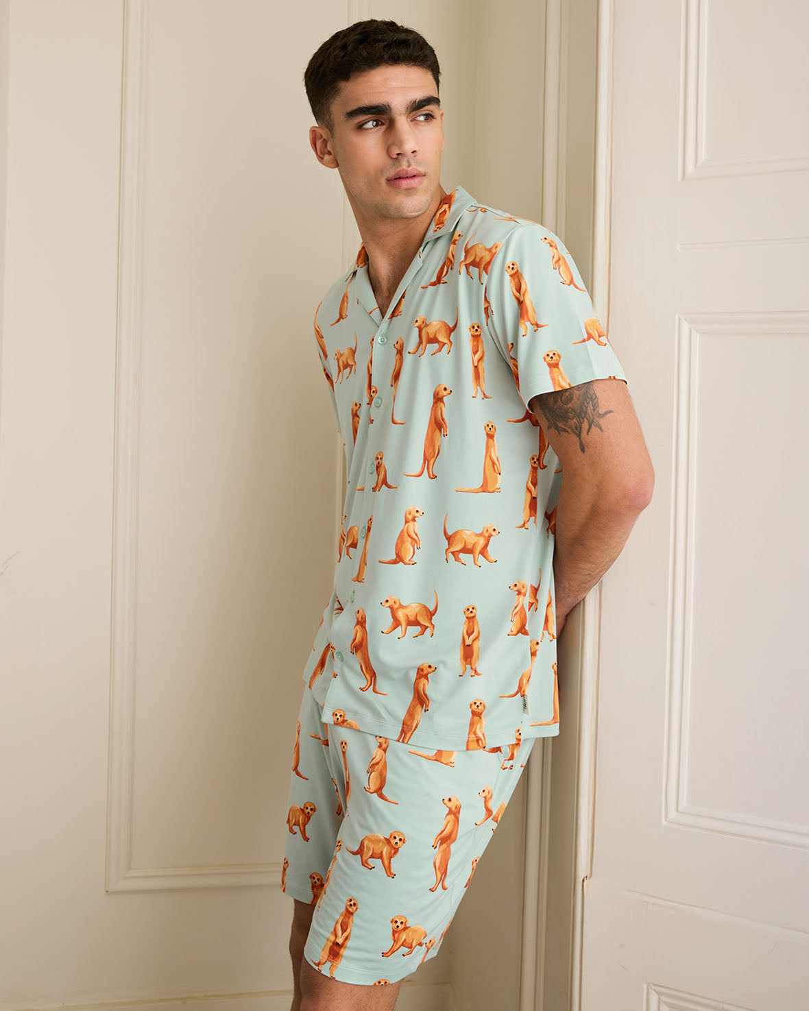 Meerkat Print Short Pajama Set for Women - Mint Green Sleepwear for Summer & Lounge Wear - Perfect for Nighttime Comfort & Relaxation