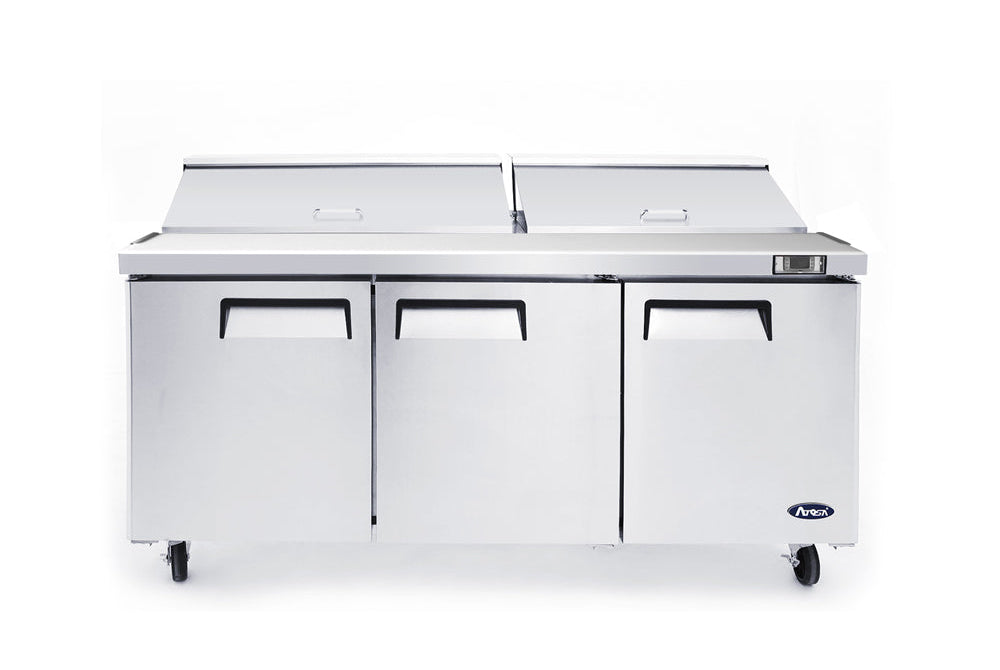 Atosa MSF8304 3-Door Commercial Sandwich Prep Refrigerator - Stainless Steel Work Table with Storage for Deli, Restaurant & Catering Use