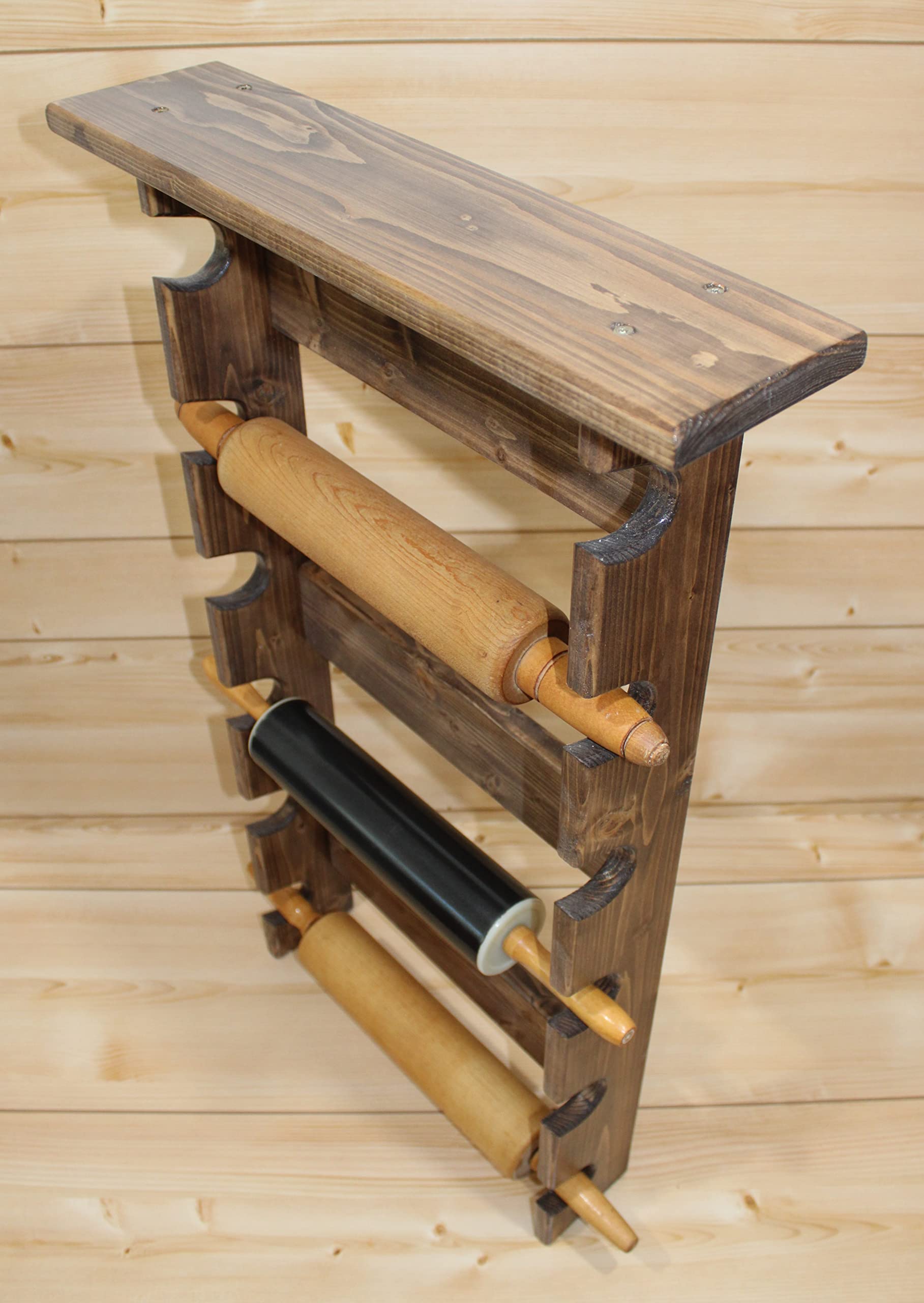 Provincial Style Rolling Pin Rack with Shelf - Wooden Rolling Pin Holder Organizer for 6 Pins - Kitchen Storage Solution for Baking Tools & Utensils - Perfect for Home Bakers & Professional Chefs