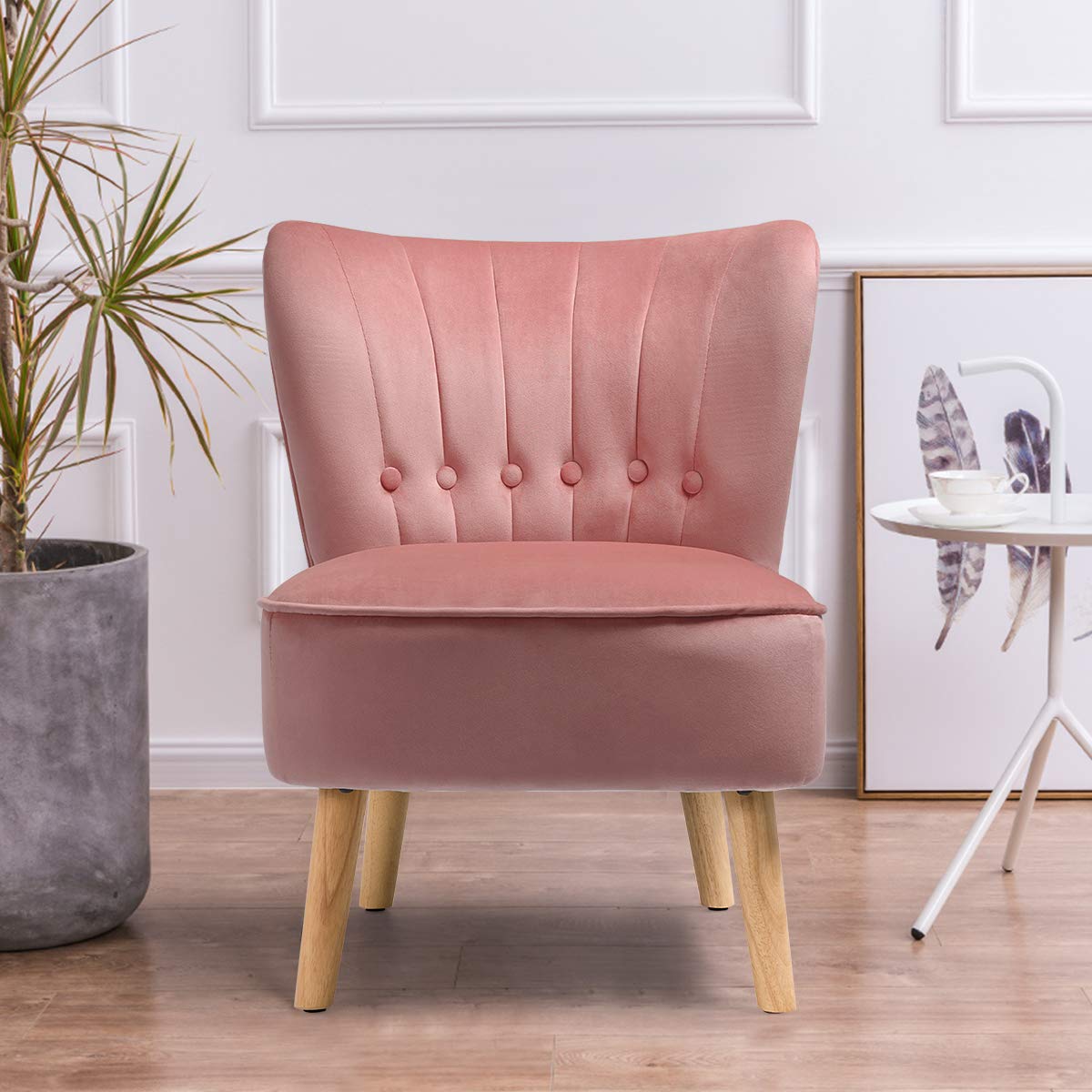 Giantex Modern Velvet Accent Chair - Pink Small Upholstered Armless Wingback Sofa with Wood Legs, Thick Padded Button Tufted Design for Living Room, Bedroom, Office or Reading Nook | Comfortable Lounge Chair for Relaxing & Home Decor