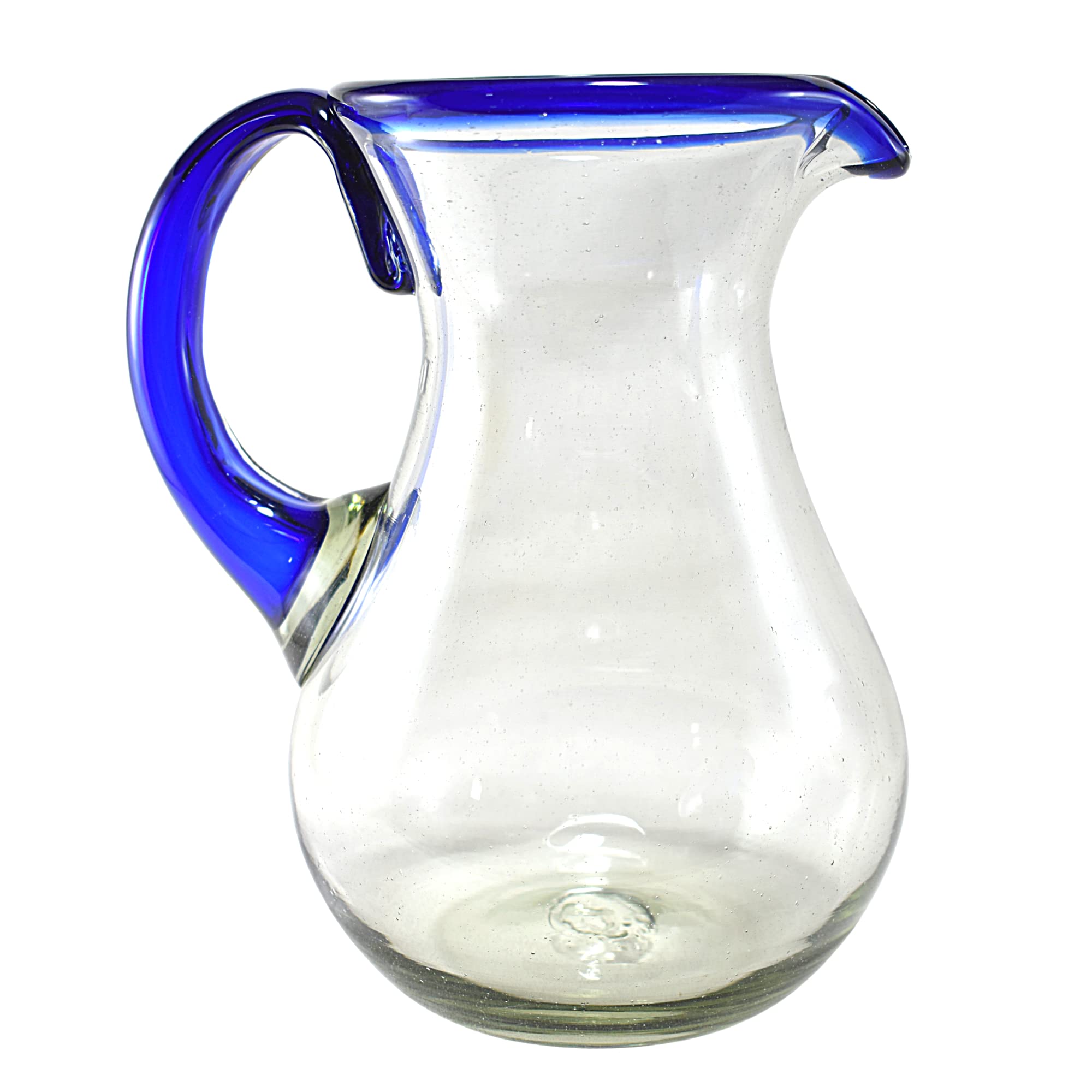 Handmade Mexican Blown Glass Water Tumblers with Cobalt Blue Rim - 6-Piece Set with Pitcher for Iced Tea, Lemonade & Summer Beverages