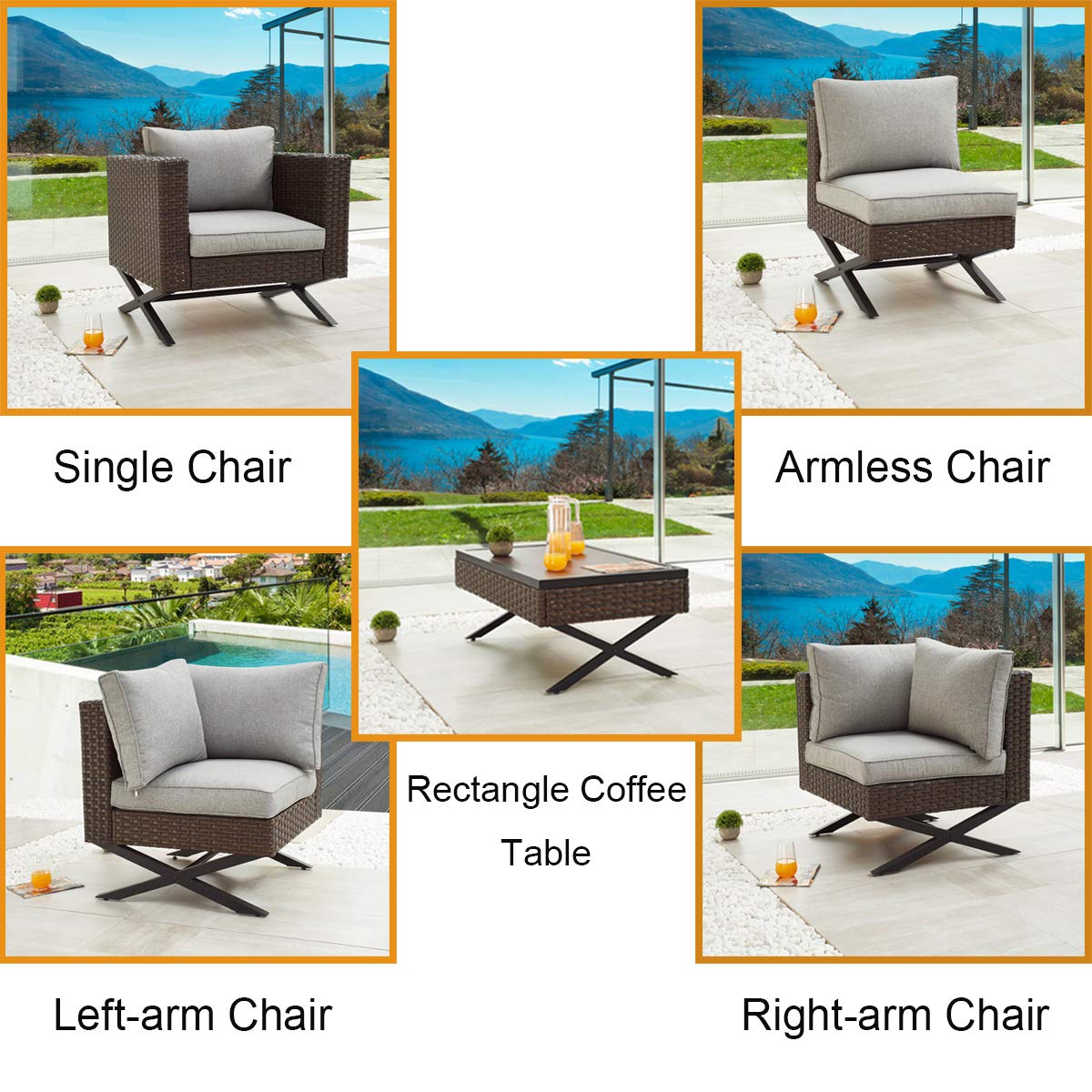PatioFestival 6-Piece Outdoor Patio Conversation Set with X-Leg Design & Cushioned Seating + Coffee Table - Perfect for Backyard, Garden, Poolside & Outdoor Entertaining