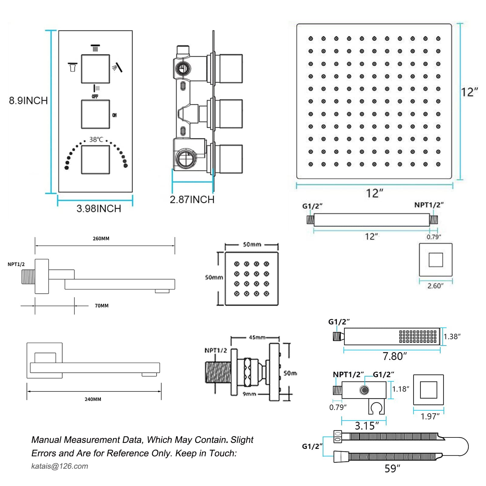 Brushed Gold Thermostatic Shower System with Rain Shower Head, Handheld Shower & 6 Body Jets - 12 Inch Ceiling LED Shower Set with Tub Spout for Luxurious Bathroom Upgrade | Perfect for Master Bath, Spa-Like Experience & Modern Home Renovation