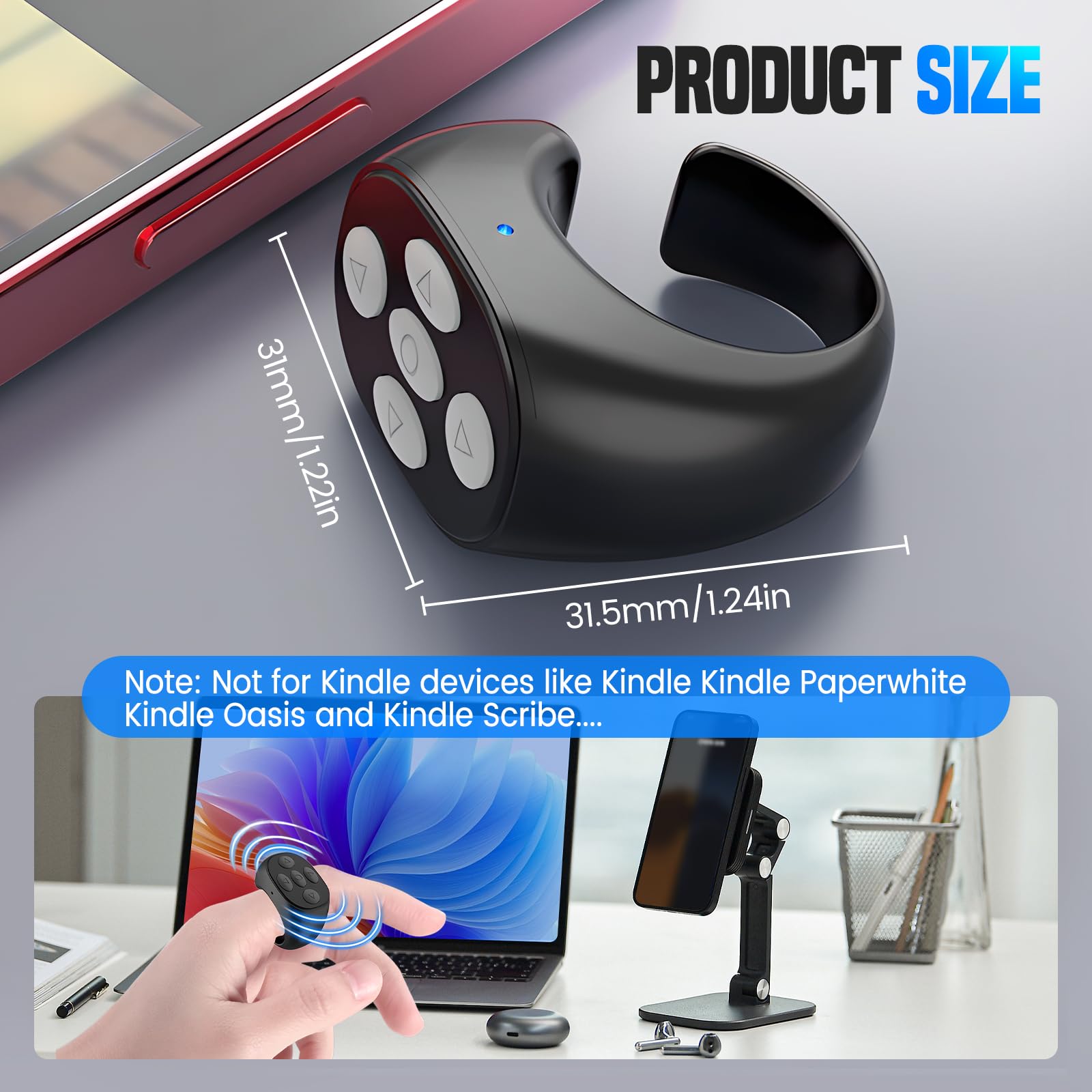 2025 New Wireless Bluetooth Remote Control Ring - Rechargeable Page Turner for Video Scrolling, Camera & Presentations - Black | Perfect for YouTube Creators, Online Teachers & Remote Work