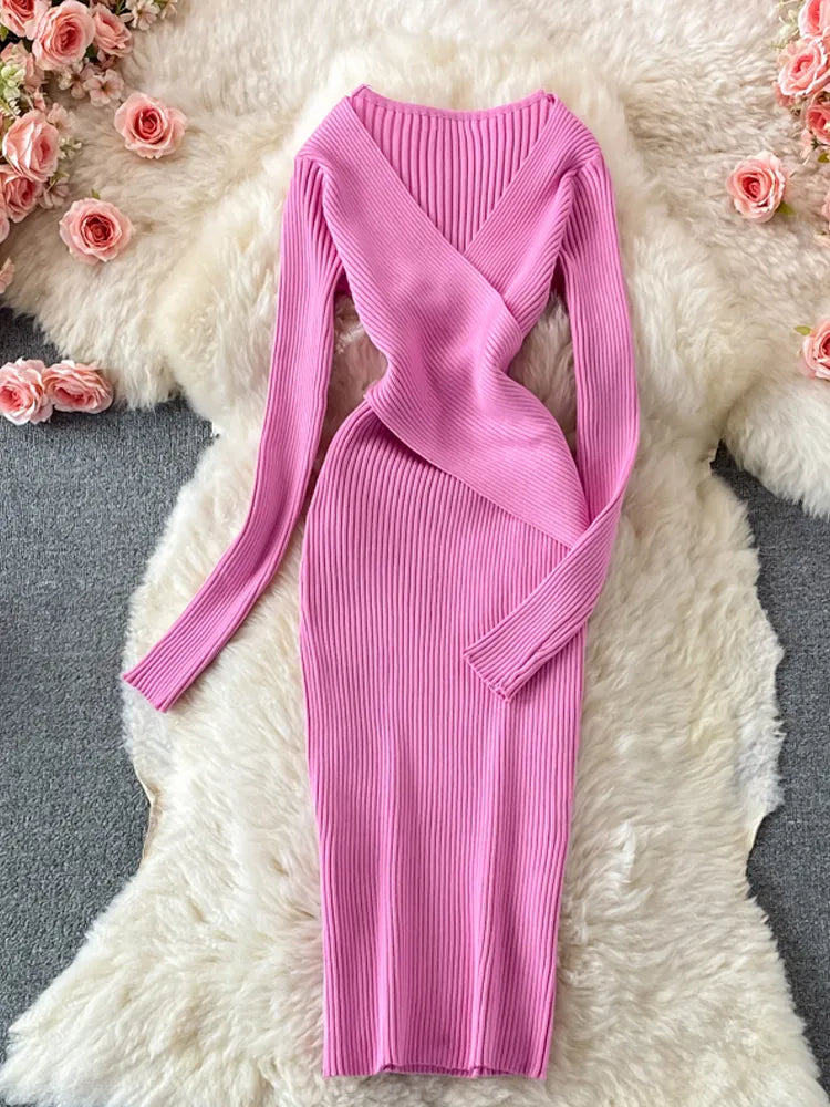 Elegant Cross V-Neck Slim Waist Knitted Bodycon Dress for Women | Autumn Winter Office Wear | Korean Style Ladies Vestidos | Perfect for Work, Party & Date Nights