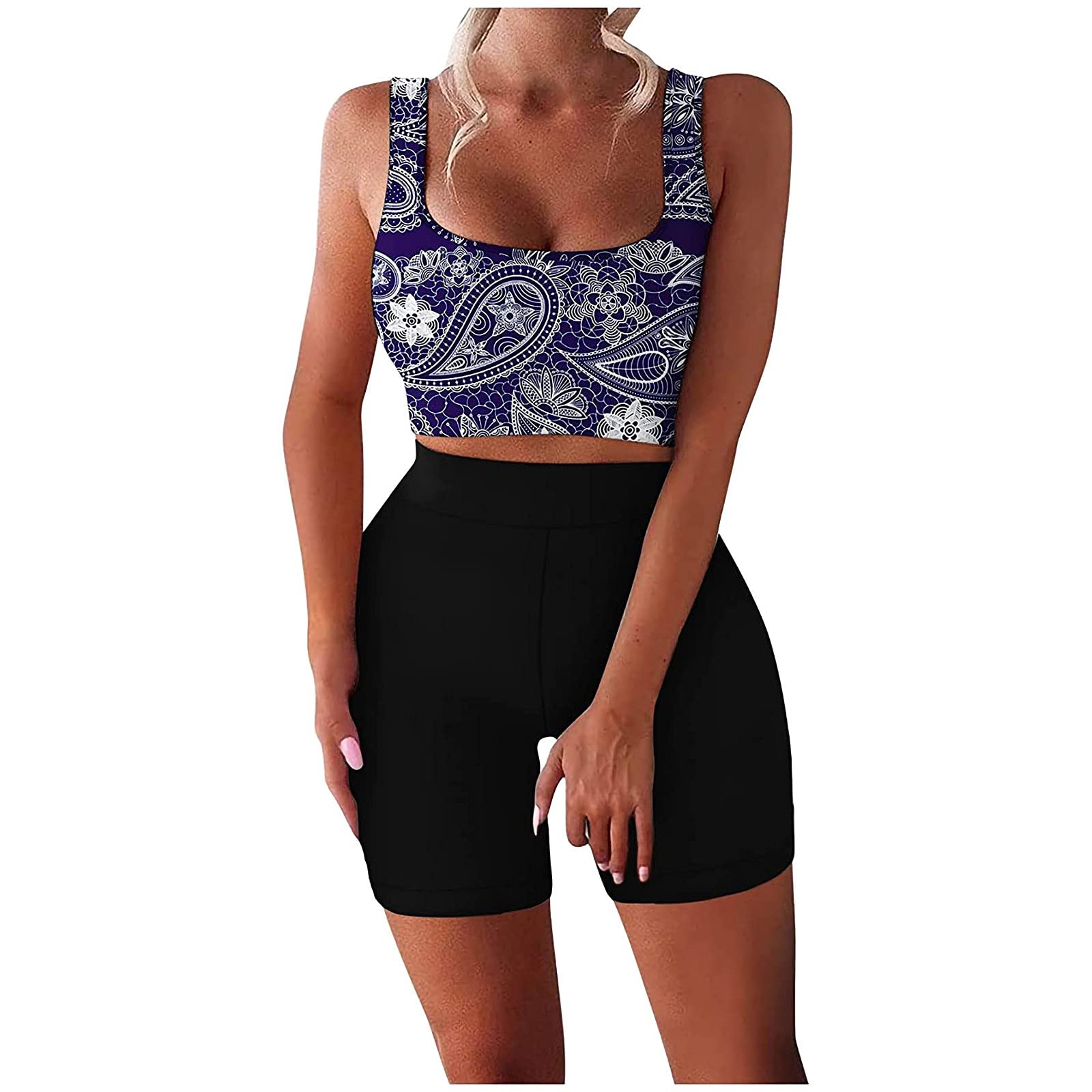 Women's 2-Piece Seamless Ribbed Workout Set - Crop Tank Top & High Waisted Shorts for Gym, Yoga & Activewear | Perfect for Running, Pilates & Fitness Training