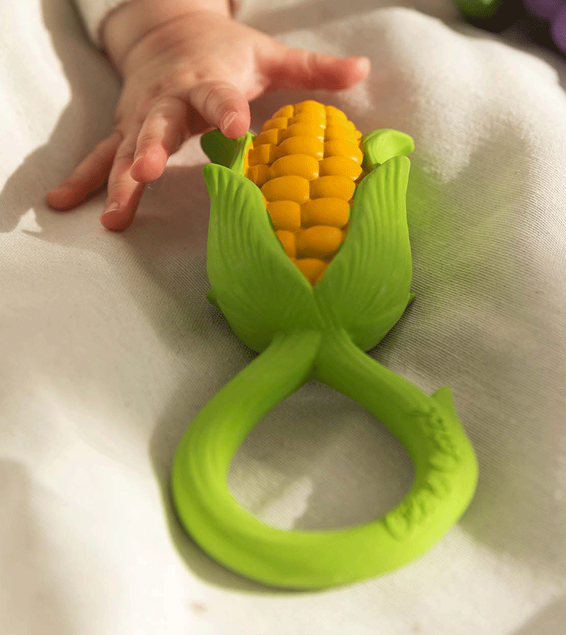 Organic Corn Baby Rattle & Teether Toy by Oli and Carol - Natural Wooden Sensory Toy for Infants 0-12 Months, Perfect for Soothing Teething Pain & Early Development Playtime at Home or On-the-Go