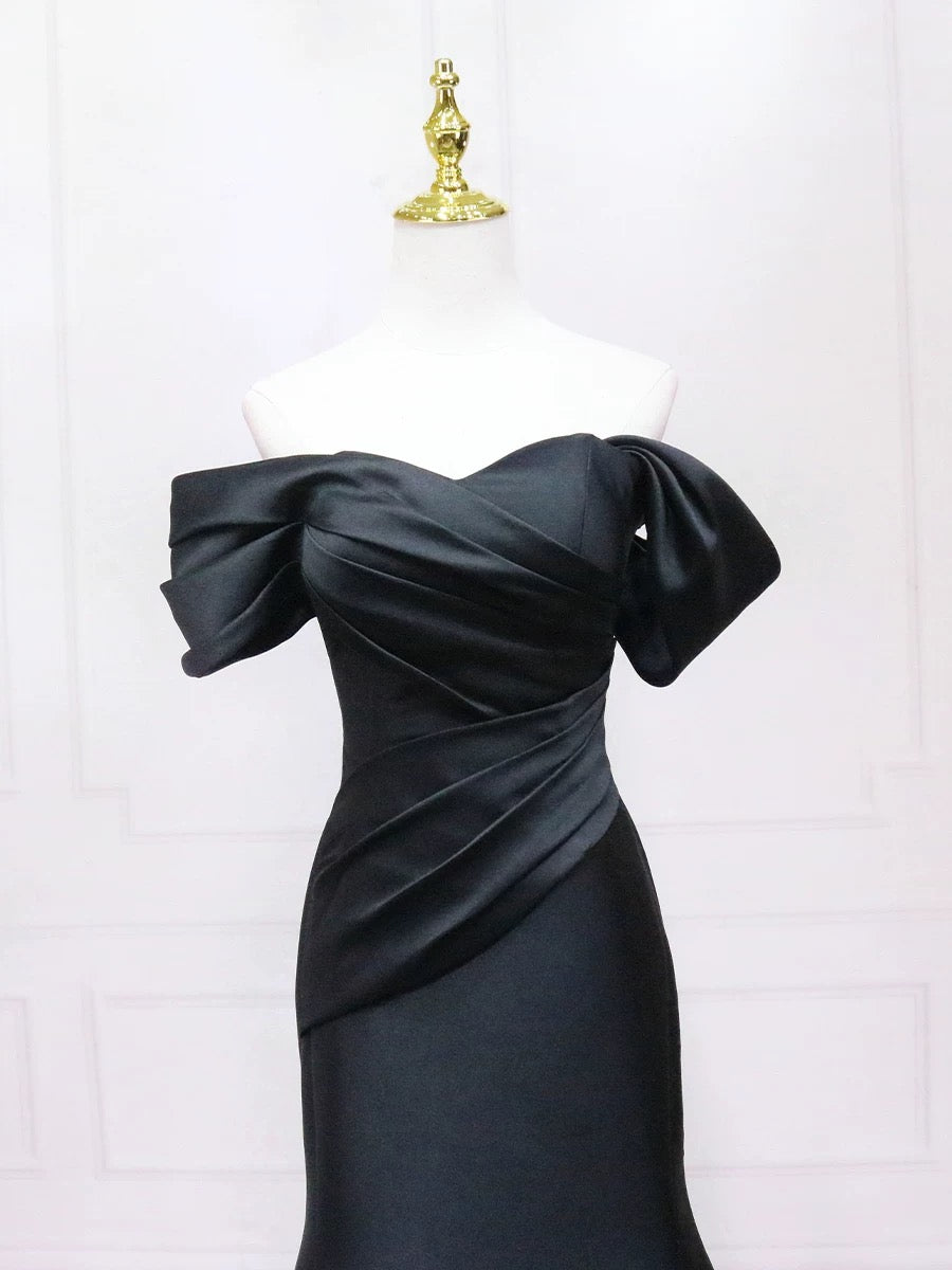 Elegant Black Mermaid Off-Shoulder Satin Prom Dress - Long Formal Evening Gown for Homecoming, Wedding & Special Occasions
