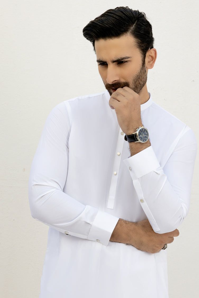 Premium Blended White Kurta Pajama Set by J. Junaid Jamshed - Comfortable Traditional Pakistani Outfit for Men - Perfect for Eid, Weddings & Special Occasions