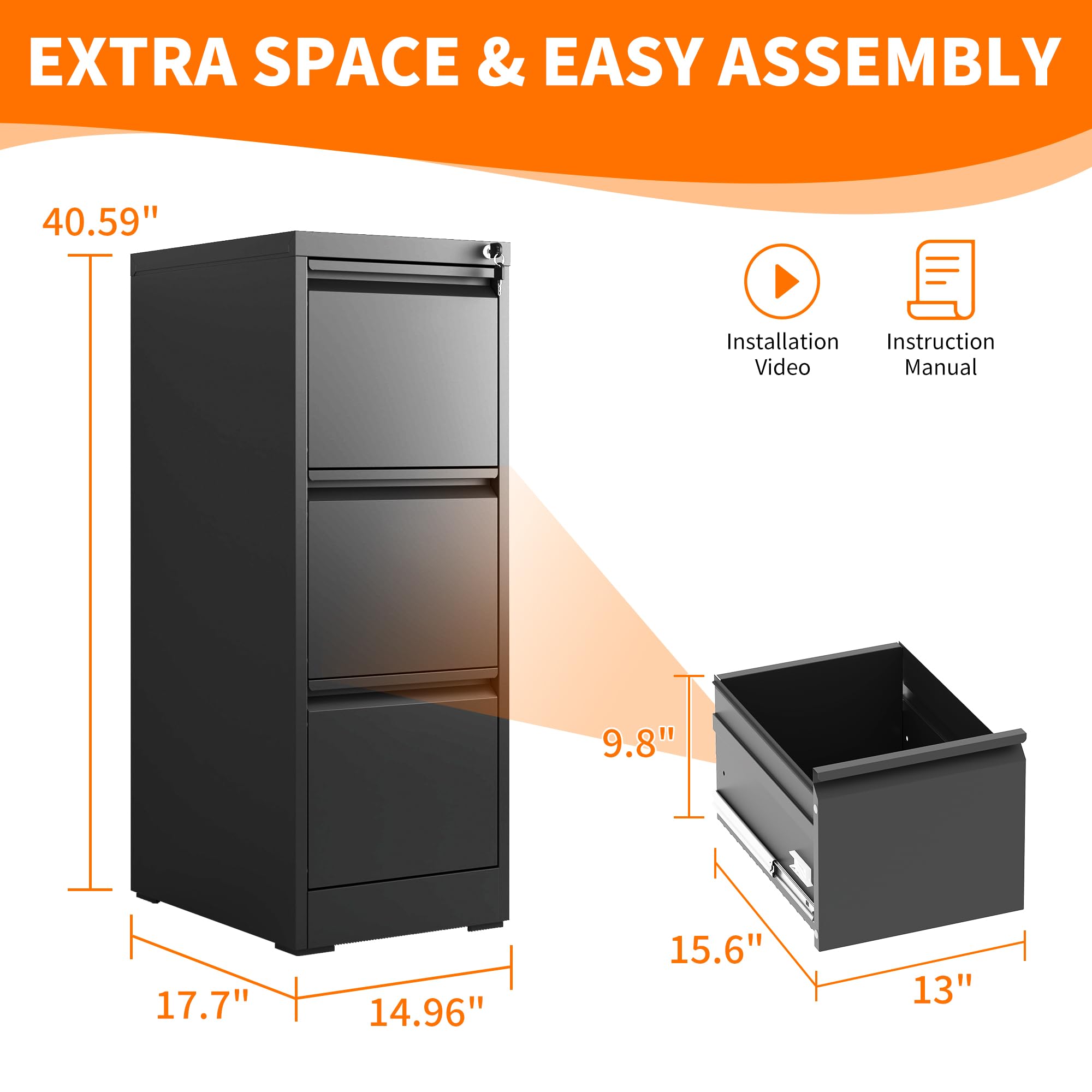 Heavy Duty Metal File Cabinet with Locking Drawers - Steel Vertical Filing Cabinet for Legal & Letter Size Documents - Perfect for Home Office, Business & School Organization (Assembly Required)