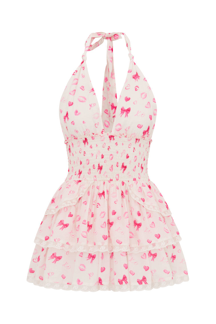 Deanna Bow & Kiss Print Halter Dress - Floral Summer Party Dress for Women, Beach Wedding Guest Outfit, Boho Chic Vacation Dress