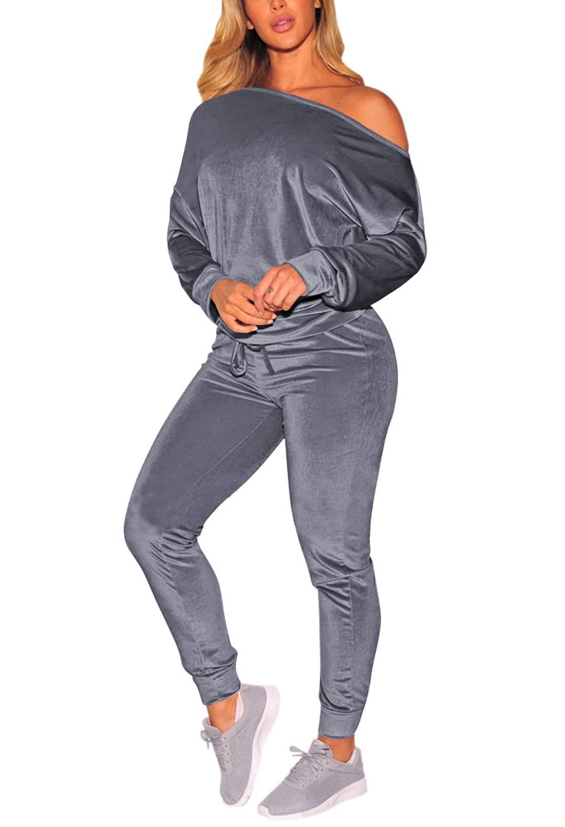 Selowin Women's One Shoulder 2-Piece Velvet Jogger Sweatsuit Set - Casual Lounge Wear & Workout Outfit for Yoga, Running, and Home Comfort