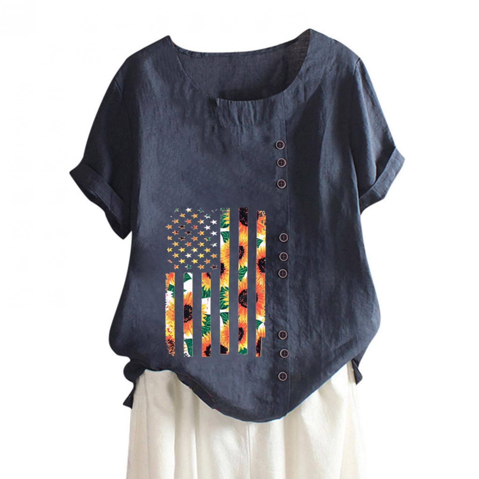 Women's Plus Size Cotton Linen Short Sleeve Blouse - Trendy Patterned Button Down Scoop Neck Tee for Summer | Casual Outfit, Beach Wear & Office Attire